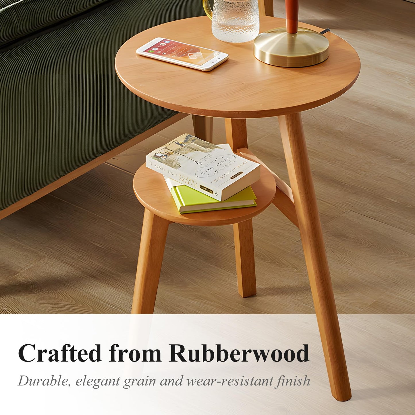 Cttasty Side Table, 2-Tier Round End Tables Living Room, Mid Century Modern Side Table, Round Nightstand, Oak Accent Table, Small Round Coffee Table, 16.54" Dia.x 23.62" H(Natural)