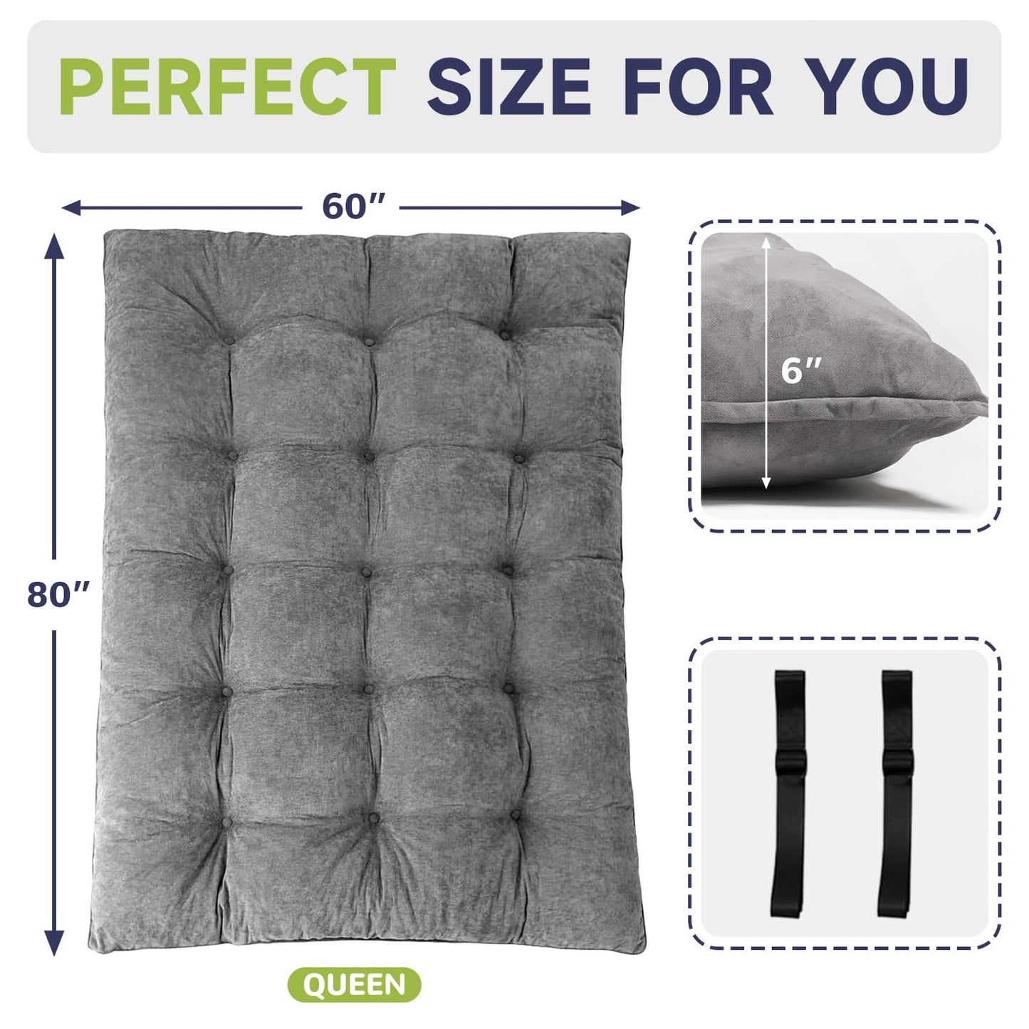 KOSRLY 6" Futon Mattress Full Size, Tufted Futons Sofa Couch Bed with Twisted Rope Design Edging,Versatile Floor Mattress for Adults，Shredded Foam Filling (Frame Not Included Gray, Queen)