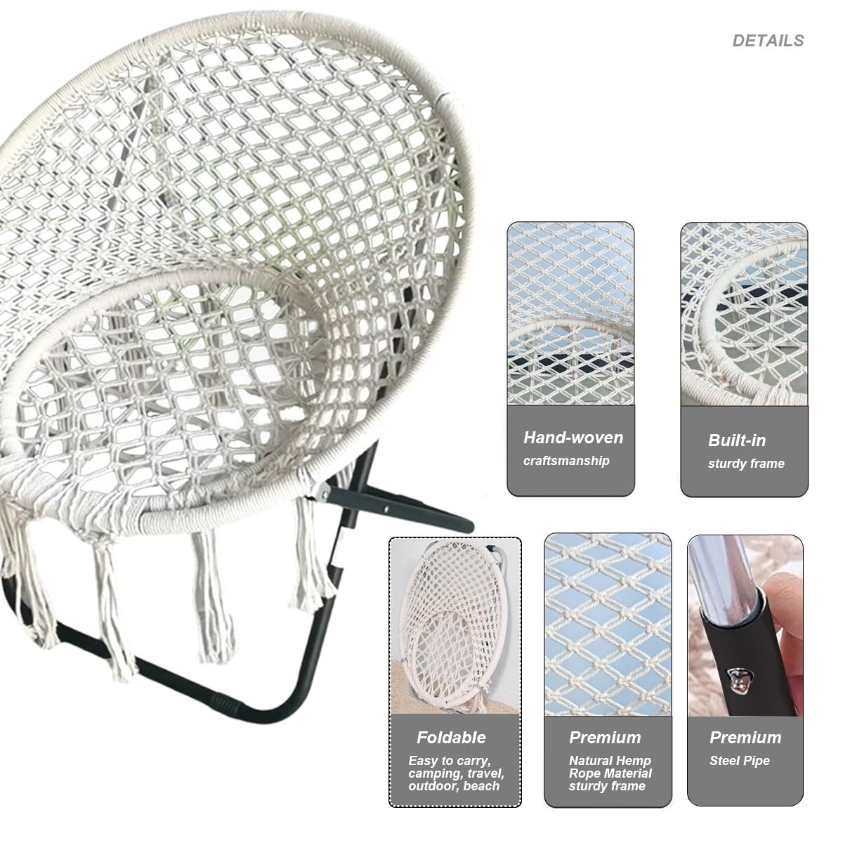 HI SUYI Folding Macrame Saucer Moon Chair Rope Cozy Lounger Chair Oversized for Bedroom Indoor Outdoor Home Patio Porch Deck Yard Garden