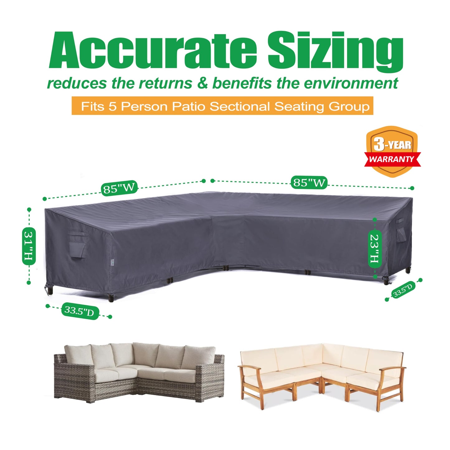 F&J Outdoors Patio V-Shaped Couch Cover Waterproof Heavy Duty Ripstop Outdoor Sofa Cover for 5 Person Sectional Seating Group with Cushions, (85" + 85") W x 33.5" D x 31" H