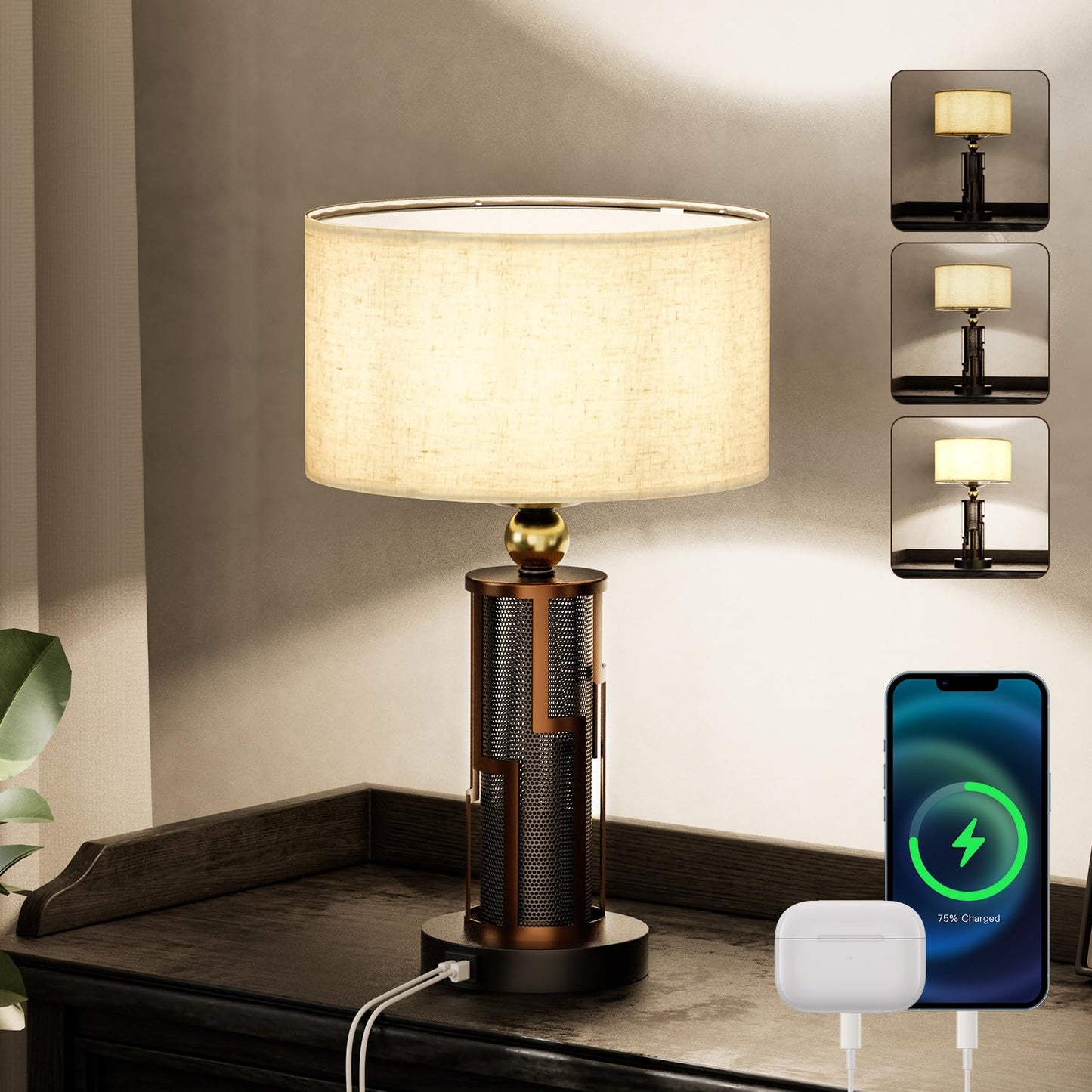 HYMELA V07-2 21.65" Farmhouse Table Lamp, Rustic Bedside Nightstand Light with USB A+C Charging Ports for Nightstand Bedroom Study Living Room, 3-Way Dimmable Desk Lamp