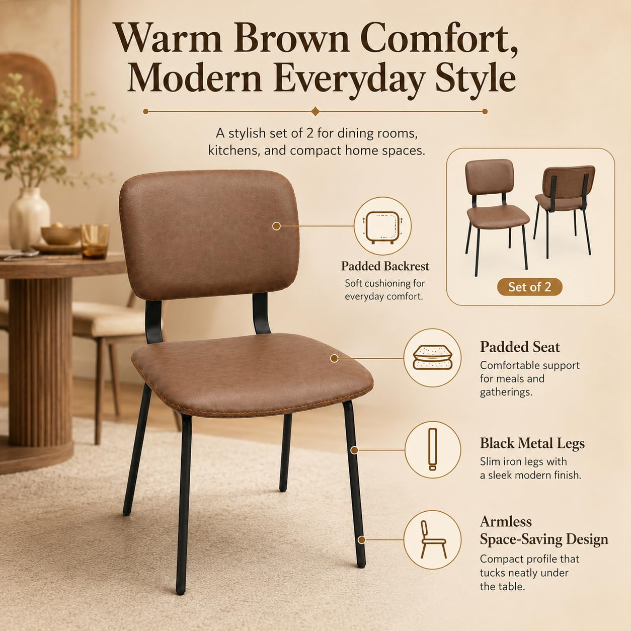 OrvieraSol Brown Dining Chairs Set of 2, PU Leather Upholstered Kitchen Chairs with Padded Seat and Back, Modern Armless Side Chairs with Black Metal Legs for Dining Room, Vanity, Living Room