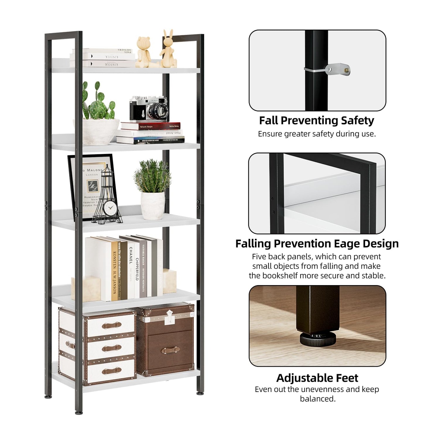 NUMENN Bookshelf, 5 Tier Bookshelves, Home Office Bookcase Shelf Storage Organizer, Free Standing Storage Shelving Unit for Bedroom, Living Room and Home Office, White&Black