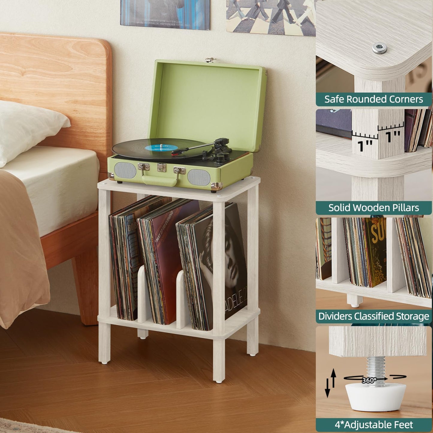 LELELINKY 2-Tier Record Player Stand with Vinyl Record Storage up to 100 Albums, Bedroom Record Holder and Multi-Functional End Table for Living Room, Grey White