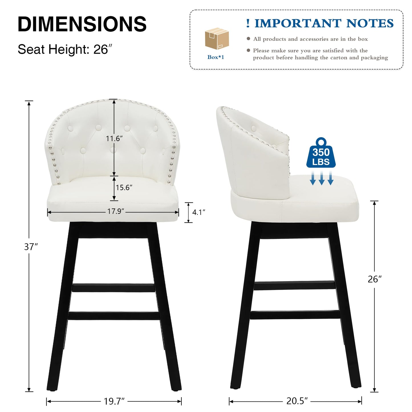 UDAX 26''Swivel Bar Stools Set of 2, Upholstered Barstools with Backs, Modern Counter Height Bar Stool Chairs for Kitchen Island, Wood Legs, Counter Stools