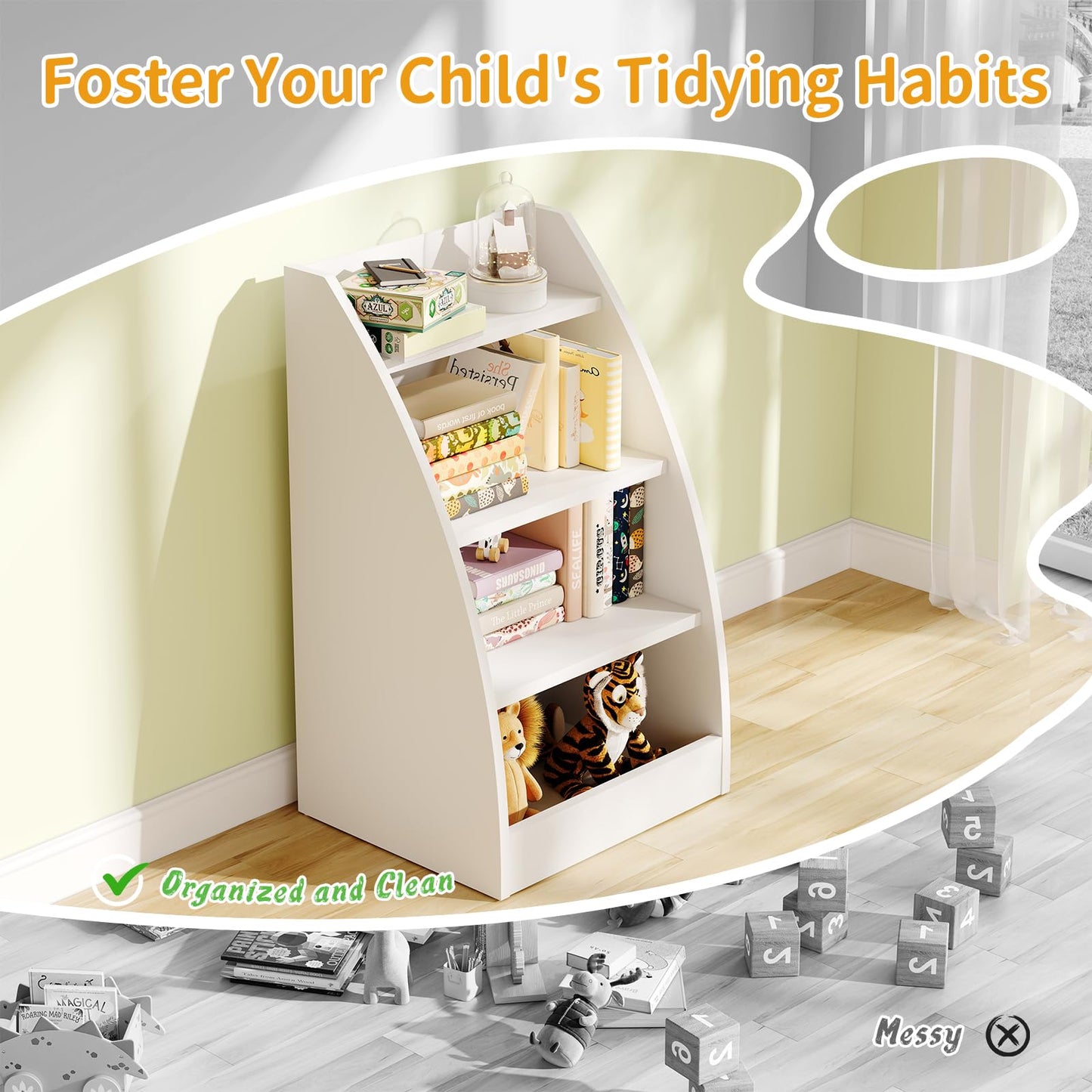 Kids Bookshelf and Toy Organizer,4 Tier Kids Book Shelf for Kids Rooms,Wood Children Bookcase,Baby Storage Book Rack,Toddler Bookshelf,Toy Storage Organizer,Book Display Shelf for Playroom, Nursery