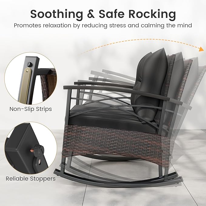 Tangkula 3 Piece Rattan Rocking Chair Set, Patio Rocker Bistro Set