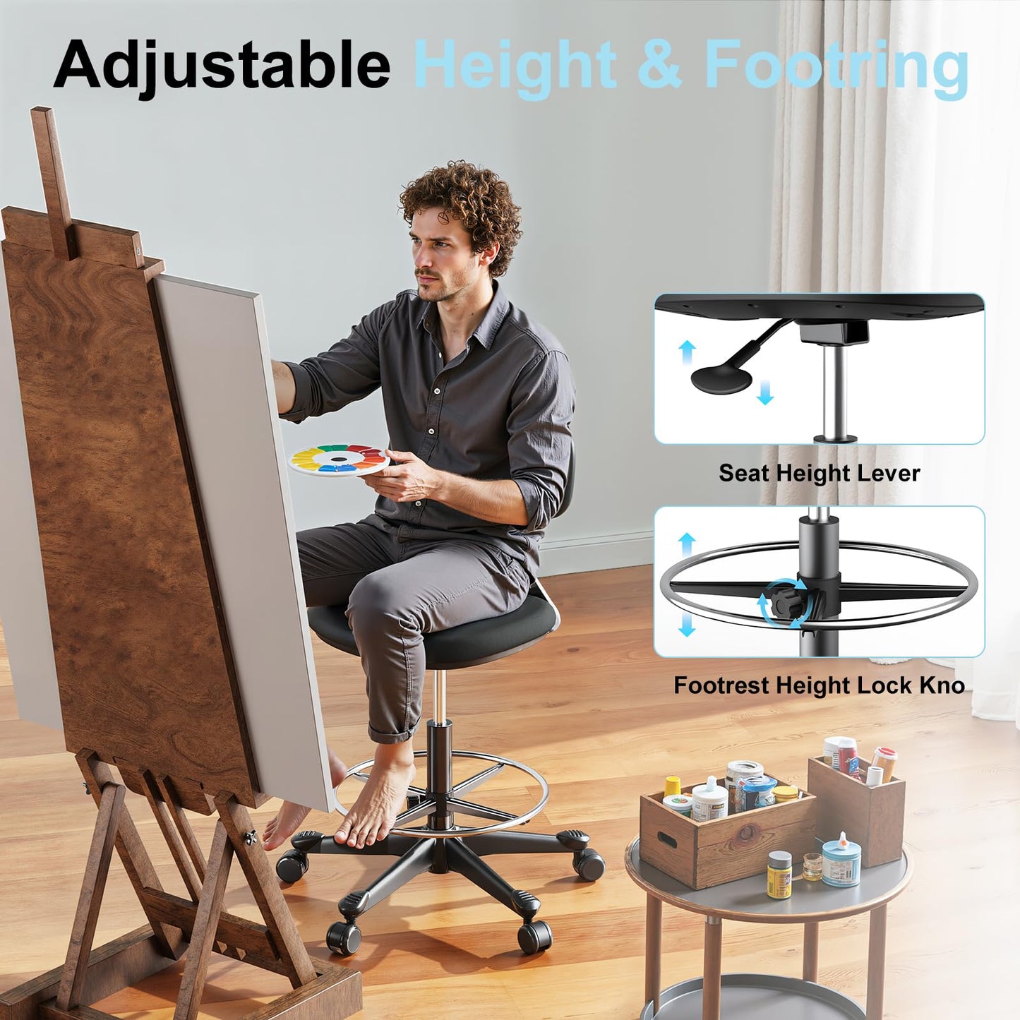 ERGO COLLECT Drafting Chair with Auto-Lock Gravity Wheel,Height Adjustable Standing Desk Chair,Tall Drafting Stool,with Back Support & Foot Rest,No Arms,for Studio,Lab,Office or Home