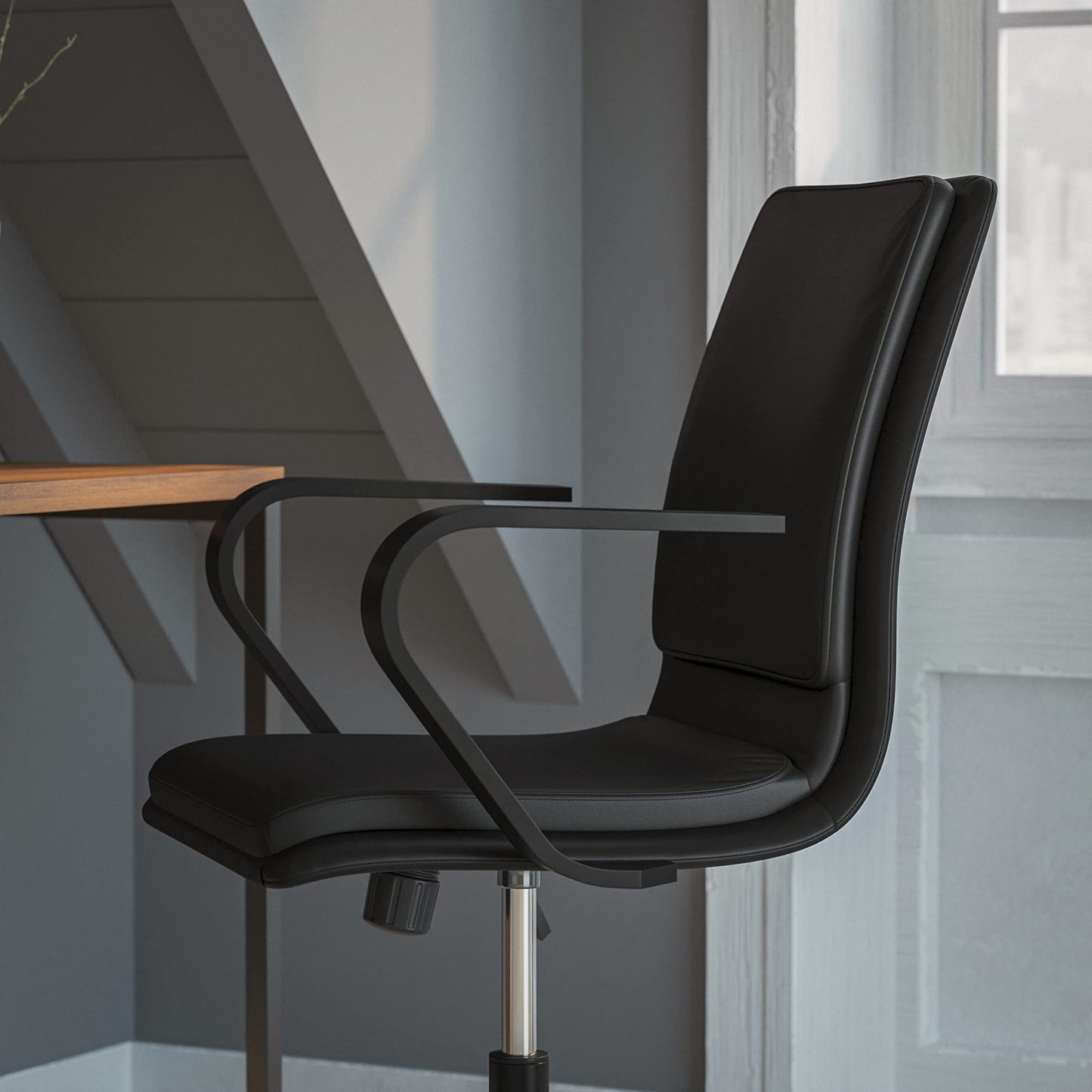 Flash Furniture James Mid-Back Designer Executive Office Chair - Black LeatherSoft Upholstery - Black Base and Arms - Height Adjustable 360° Swivel Seat