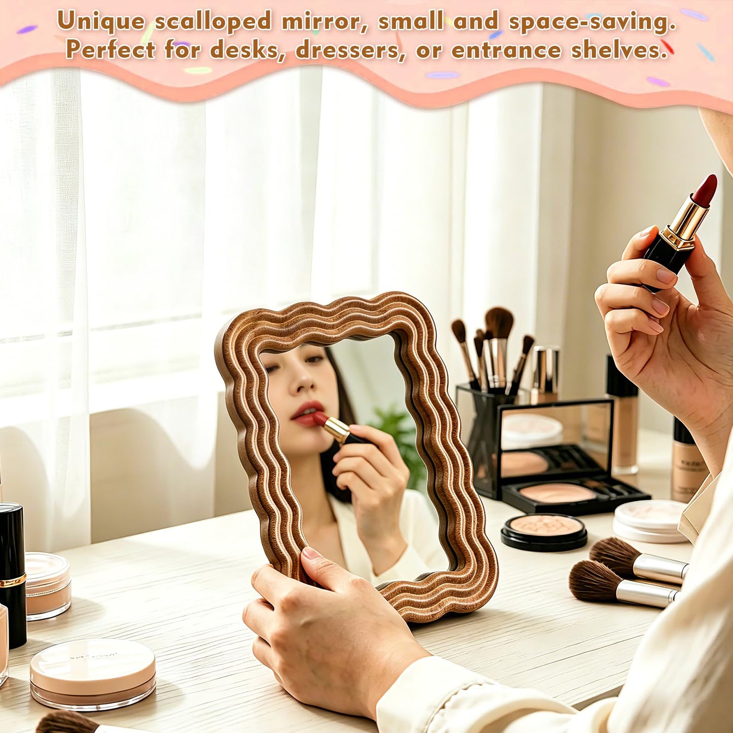 Pehvdkuq Wood Framed Wave Shaped Folding Makeup Mirror, Scalloped Aesthetic Tabletop Vanity Mirror with Stand for Desk Bedroom Office Home Decor, Boho Style