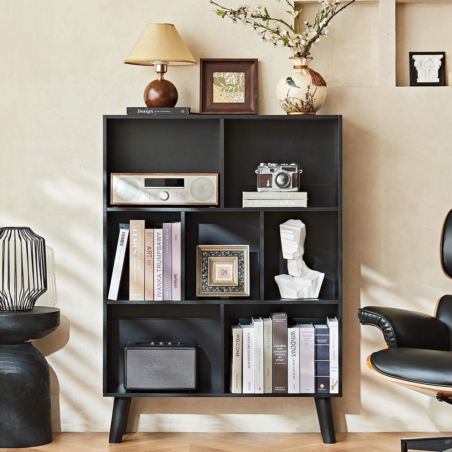 LEYAOYAO 7 Cube Black Bookshelf, 3 Tier Modern Bookcase with Legs, Wood Cubeicals Organizer Storage Open Shelves, Retro Display Book Shelf, Freestanding Short Book case for Bedroom,Living Room,Office