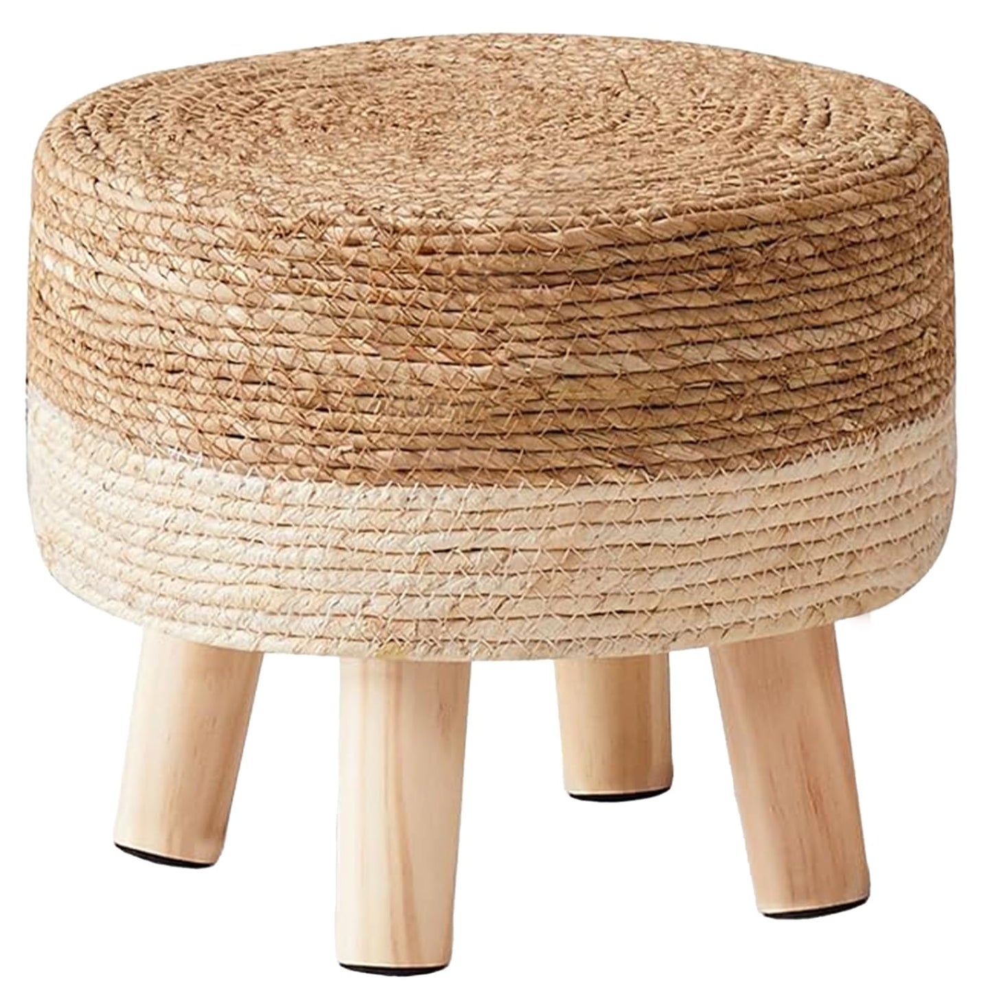 Wimarsbon Round Foot Stool Natural Seagrass Poufs Ottoman Hand Weave Footrest Stool for Couch Desk Extra Seat Step Stool with Solid Wood Legs for Hallway Patio Lounge White