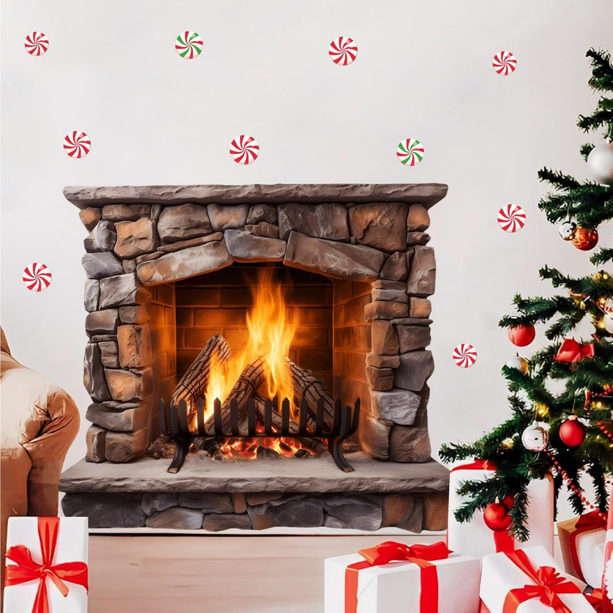 Large Christmas Wall Decals Christmas Wall Decoration Vinyl Sticker Peel and Stick Indoor Xmas Fireplace Decal for Walls Removable Peppermints Xmas Art Murals for Living Room Holiday Xmas Party Supply