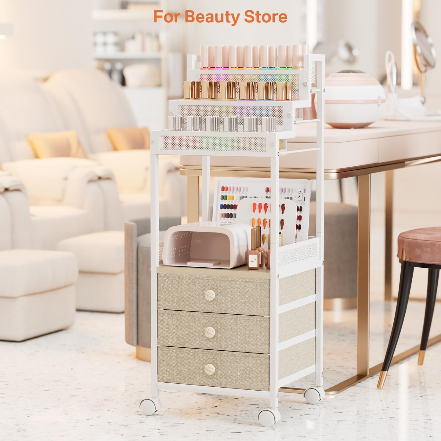 FURFUN Makeup Organizer Storage with Drawers, 13 Inch Bathroom Stand Large Floor Rolling Skincare Organizer Cart, 3-Tier Vanity Tray Stand for Cosmetics, Nail Polish, Perfume Display Cases Holder