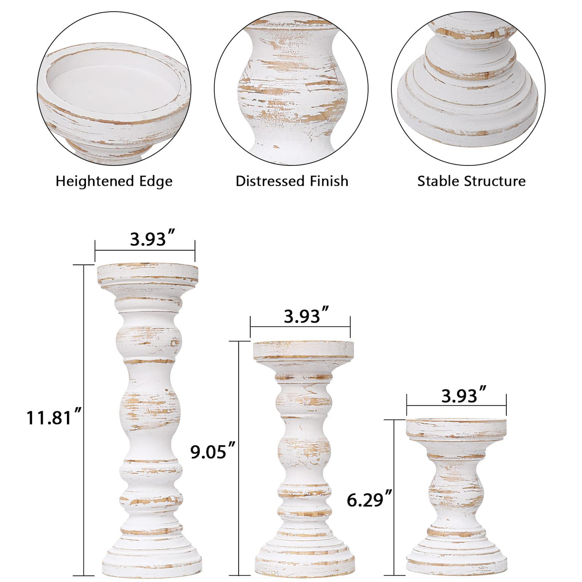 SWALLOWLIVING Rustic Farmhouse Wood Pillar Candle Holder Set of 3 for Candlestick, White