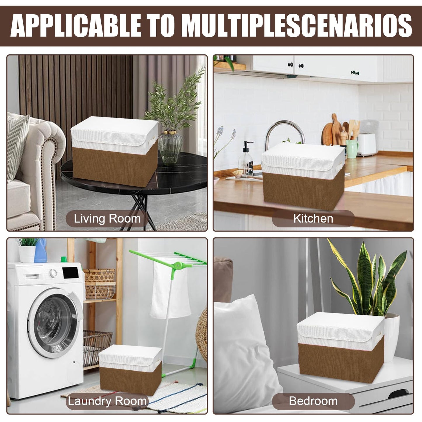Bagnizer Large 22 Quart Linen Fabric Foldable Storage Bin Cube Organizer Basket with Flip-Top Lid & Handles, Clothes Blanket Box for Home, Office, Closet, Brown & White, 4 Pack 14.6 x 9.5 x 9.5