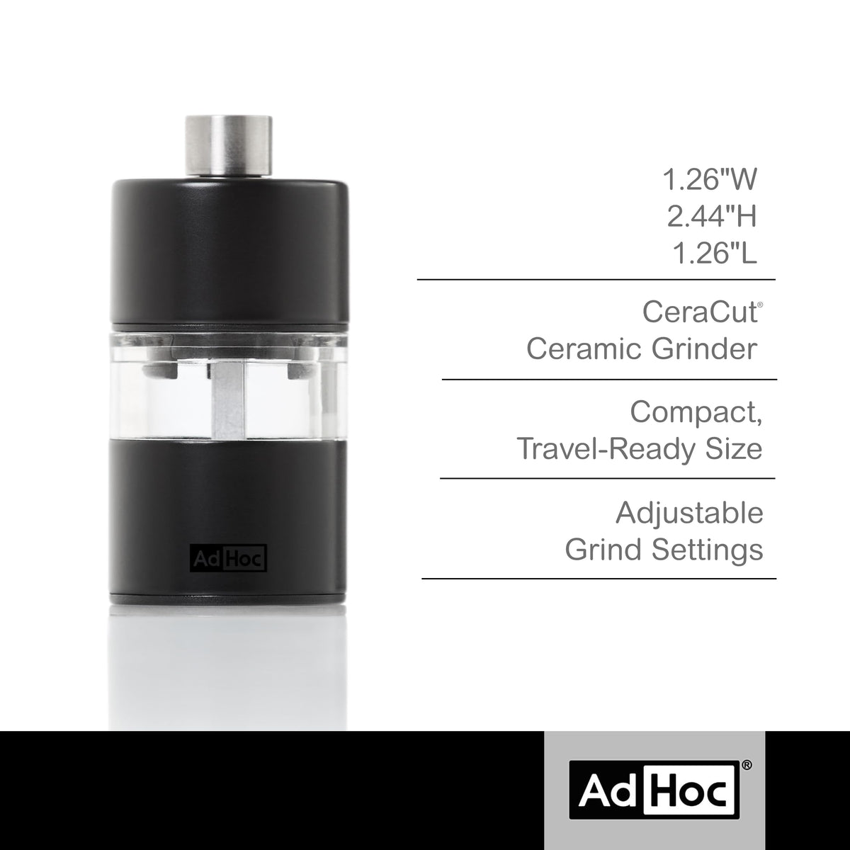 AdHoc Mini Salt & Pepper Mill - 2-in-1 Refillable Salt & Pepper Grinder Set - Features Adjustable Mechanism & Ceracut Ceramic Grinder (Black)