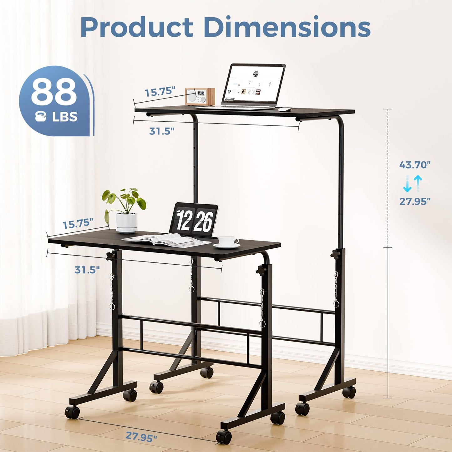 DUMOS 31.5" Adjustable Height Mobile Desk with Locking Wheels & Pin-Lock, Portable Workstation for Walking Pad & Active Home Office, Small Bedroom Desk, Black