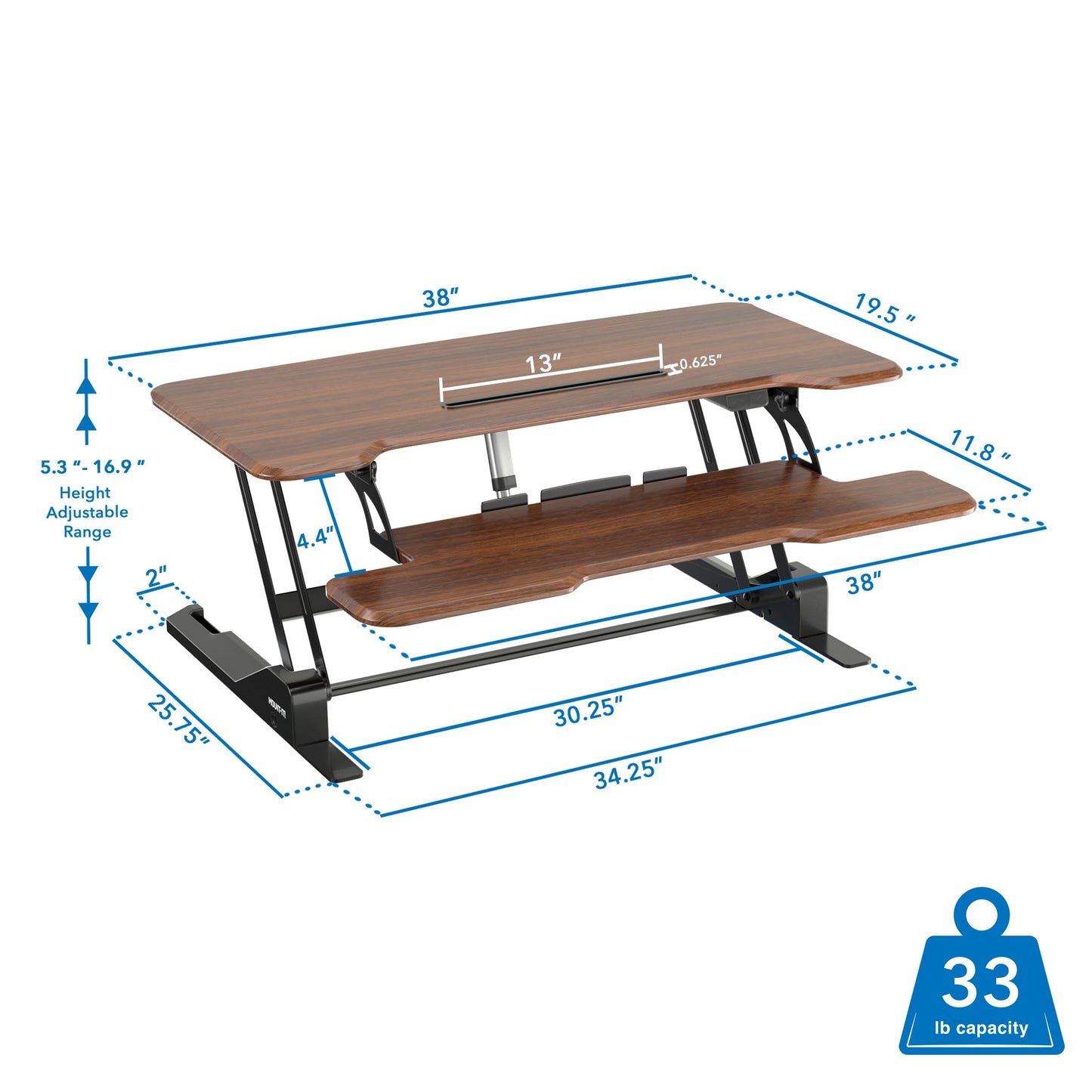 Mount-It! Electric Standing Desk Converter with 38" Tabletop, Height Adjustable Desk Riser, Motorized Desk Riser with Keyboard Tray and Device Slot, Fits Monitor & Laptop, Dark Walnut