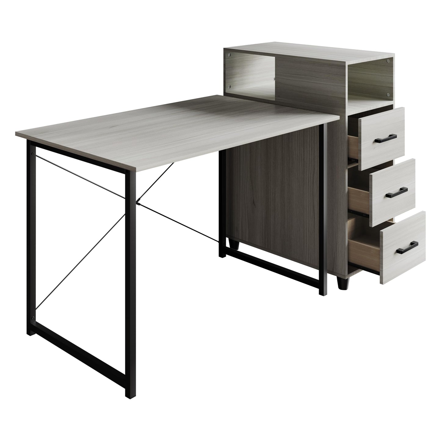 Castle Place Wooden Writing Desk with Sturdy Metal Frame, Movable Side Cabinet and 3 Drawers, Light Grey