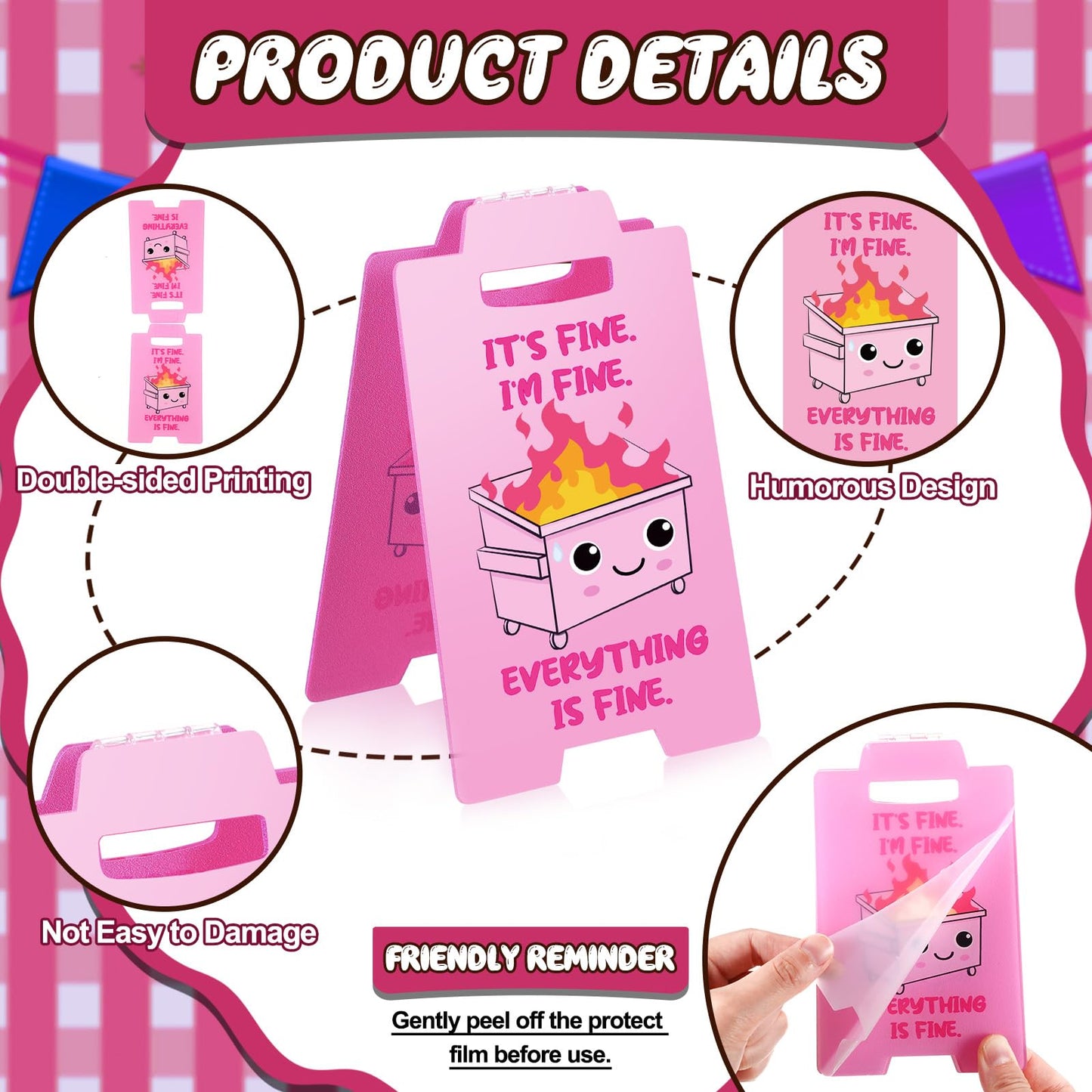 Yuntau Dumpster Fire Desk Accessories Its Fine Everythings Fine Funny Desk Sign Office Decor Funny Gift for Coworker Friends Teammate Employee Boss Teacher(Pink)