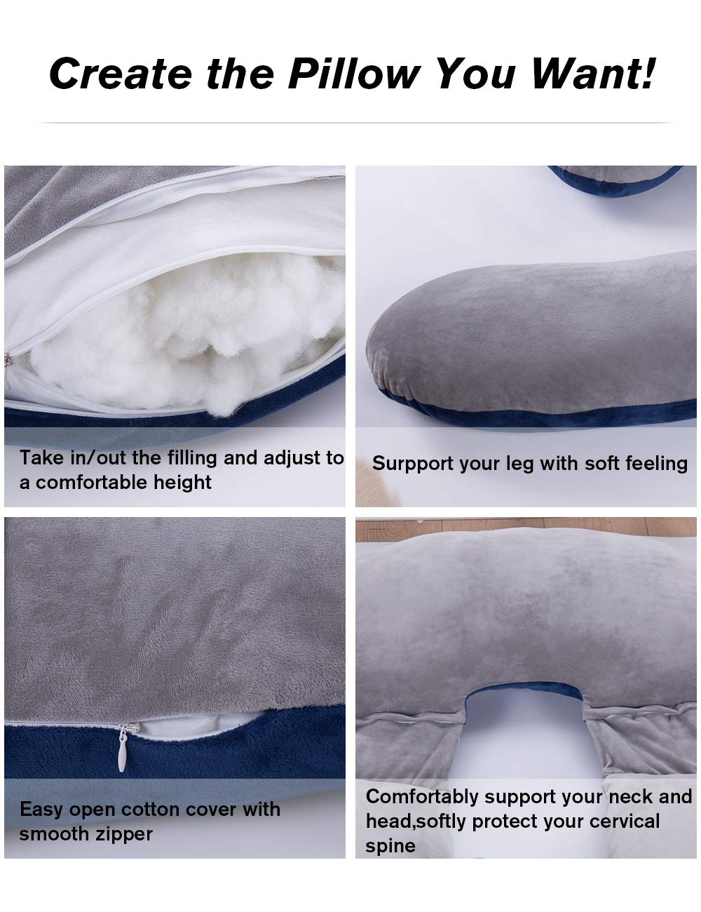 60in Full Body Pillow | Nursing, Maternity and Pregnancy Body Pillow | Awesling Extra Large U Shape Pillow and Lounger with Detachable Side, Separate Support Pillow and Removable Cover (Grey Blue)