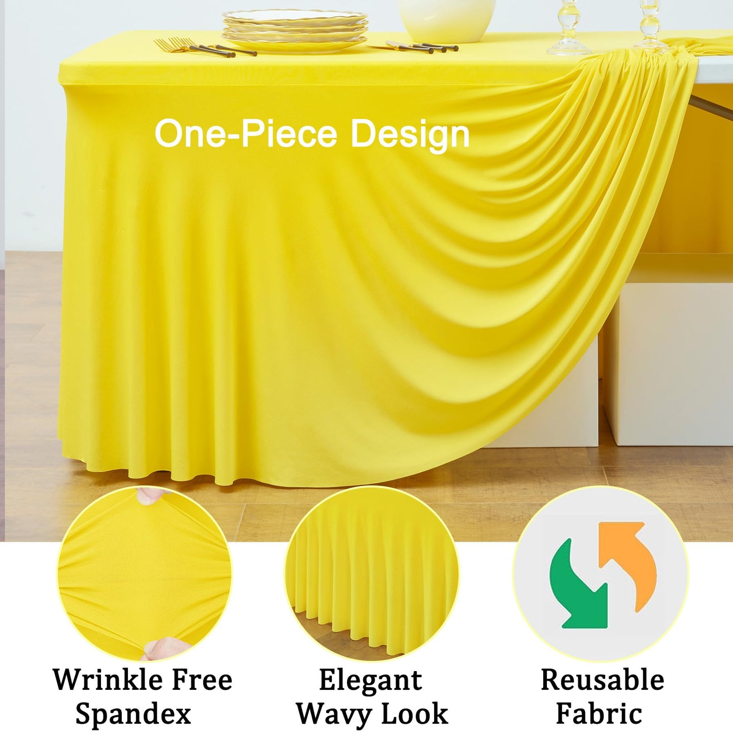 2 Pack Yellow Spandex Table Clothes for 6 Foot Rectangle Tables, Wrinkle Free Lemon Fitted Table Cover 6ft Stretch Tablecloths Desk Skirt for Parties Weddings Birthday Banquet Baby Shower