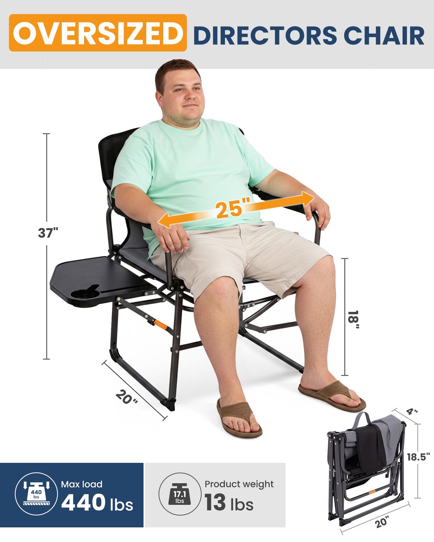 KingCamp Oversized Camping Directors Chair for Big and Tall, Heavy Duty 440lbs Folding Chairs with Side Table, Portable Padded Camp Chairs with Wide Seat & Anti-Sag Fabric for Outdoor Lawn Fishing RV