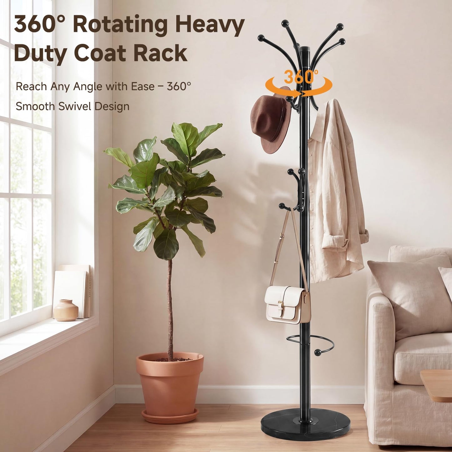 DongRong Metal Coat Rack Freestanding with Natural Marble Base, 360° Roraty Coat Rack Stand with 16 Hooks & Umbrella Holder, Black Heavy Duty Coat Rack for Coats Hats for Entryway Bedroom (Black)
