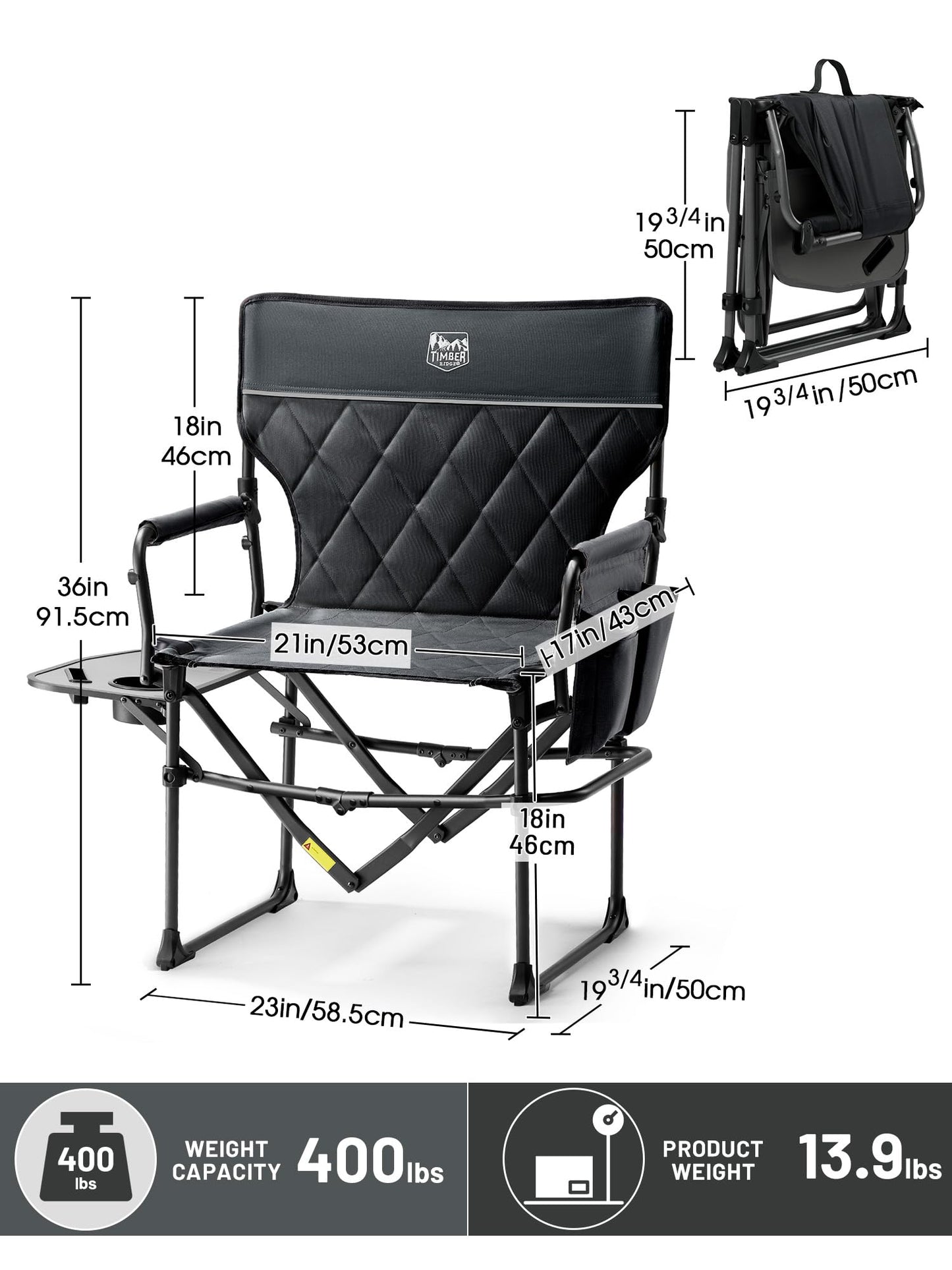 TIMBER RIDGE Heavy Duty Camping Chair with Compact Size, Portable Directors Chair with Side Table and Pocket for Camping, Lawn, Sports and Fishing, Supports Up to 400lbs, Black