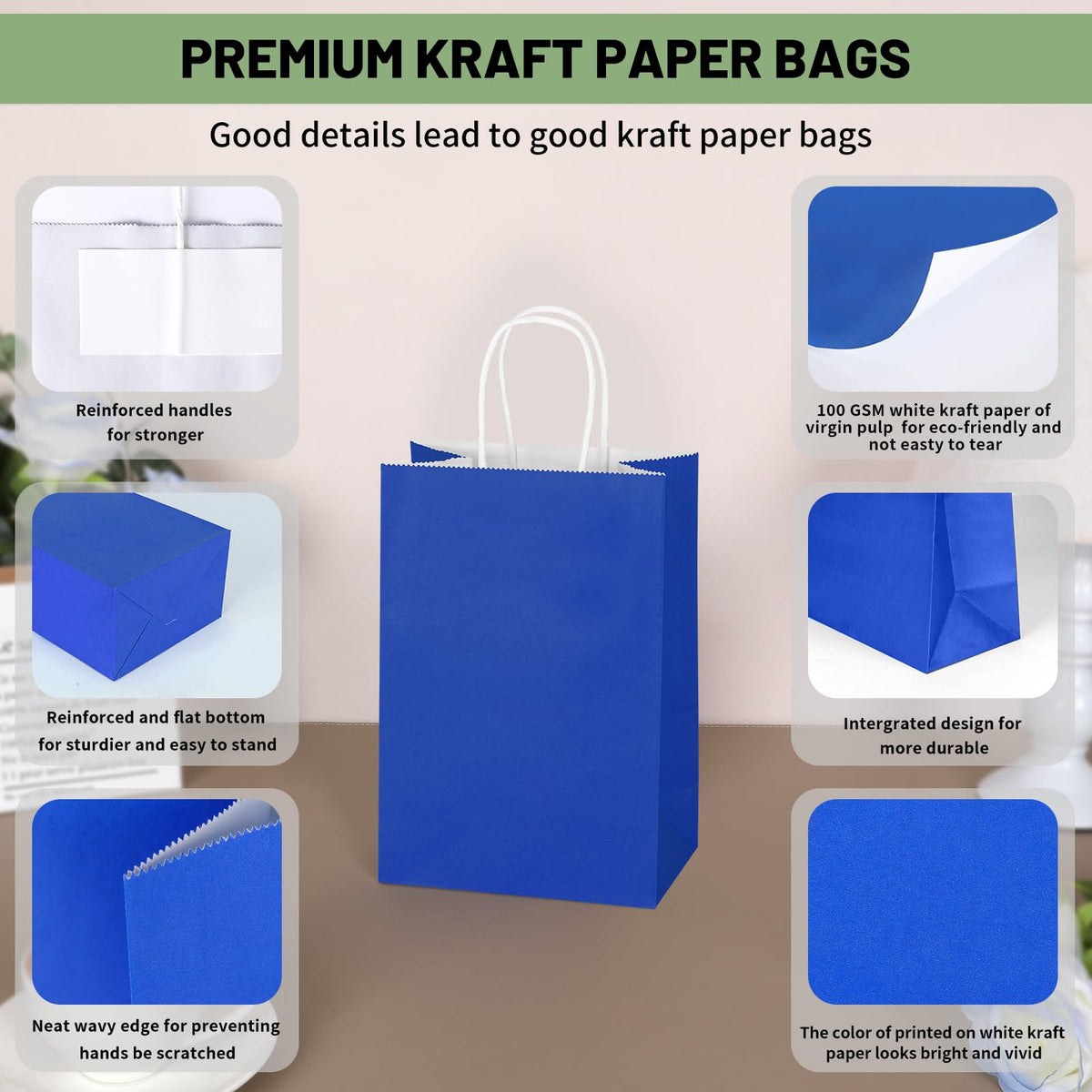 Mlyta 100 Pack 5.25x3.25x8.5 Inch Small Royal Blue Kraft Paper Gift Bags with Handles Bulk for Goodie Party Favor Brithday Grocery Shopping Business Wedding Retail Craft Treat To Go, Merchandise Sacks