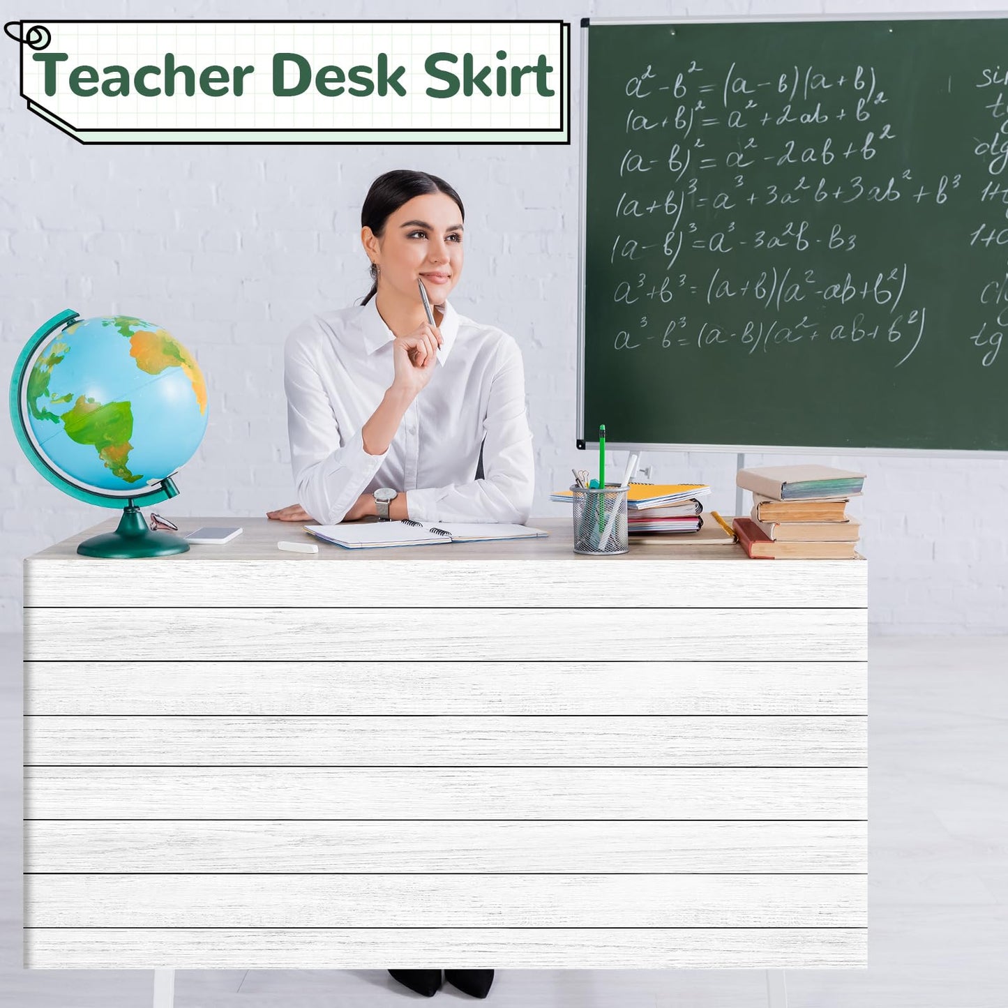 6FT White Wood Table Skirt Teacher Desk Skirt Classroom Table Cover for Back to School Decor Classroom Tables Cloths for First Day of School Supplies Office Bookcase Cabinet Decorations