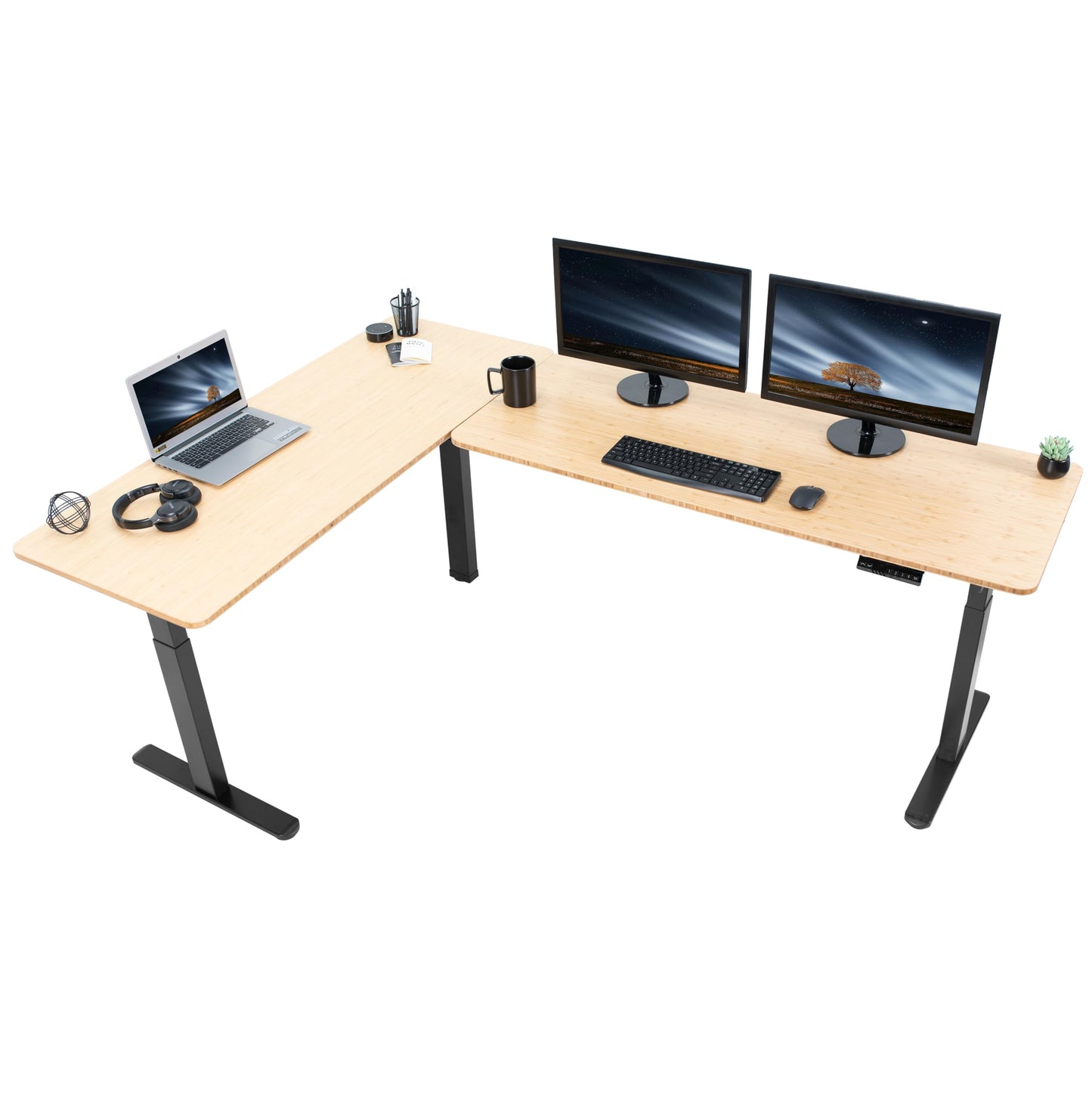 VIVO Electric Height Adjustable 83 x 60 inch Corner Stand Up Desk, 2 Solid Bamboo Table Tops, Black Frame, Memory Controller, L-Shaped Workstation, 3E Series, DESK-KIT-3E8BO