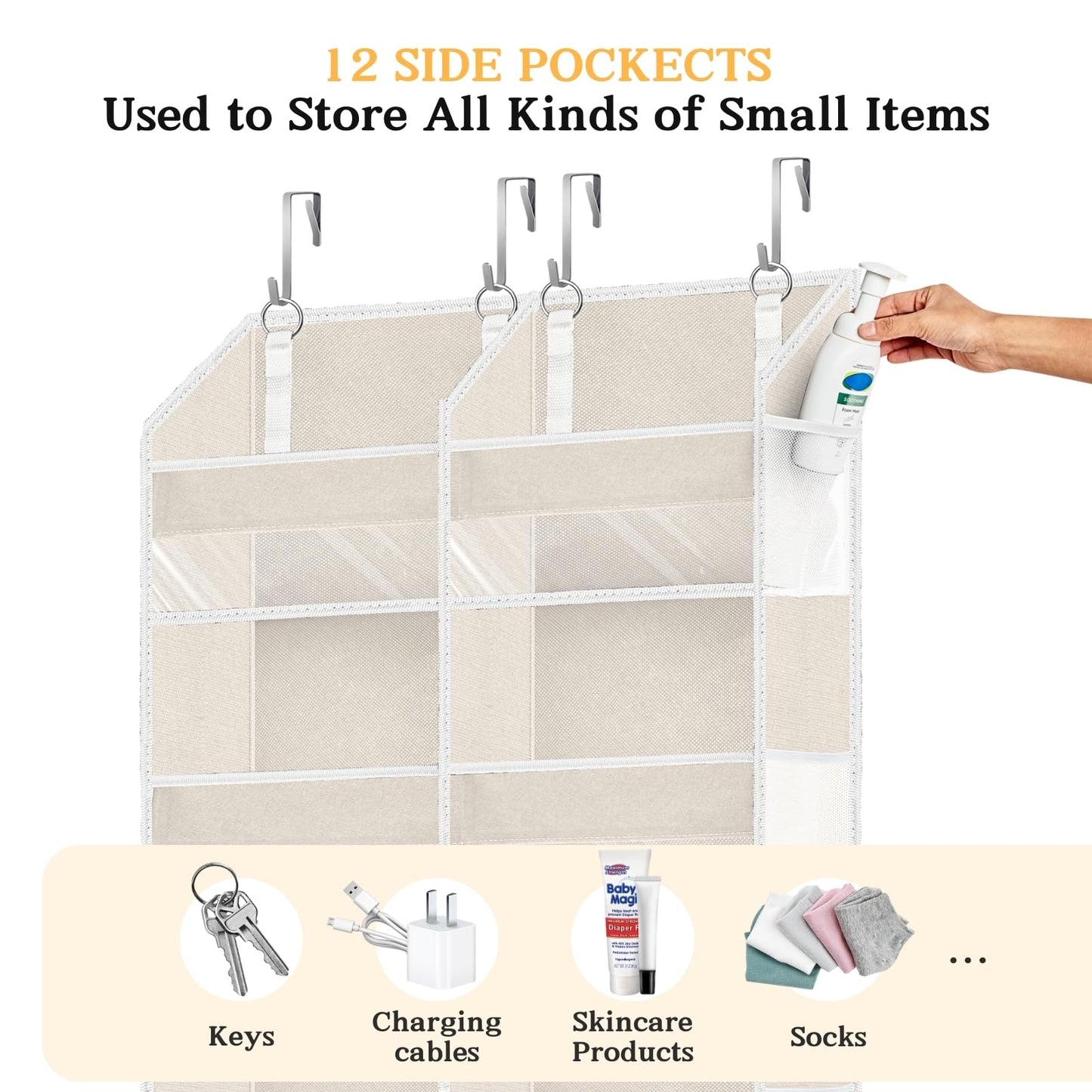 2 Pack Over The Door Organizer 6 Tiers, Extra Large Behind Door Storage of 12 Compartments, 80 lbs Weight Capacity Hanging Storage Organizer with Clear Window Kids Toys,Shoes (6 Tiers - Beige)