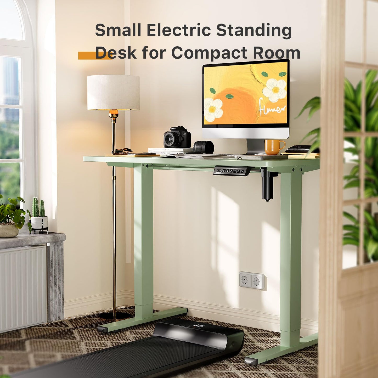 JOY worker Small Electric Standing Desk, 35" x 20" Whole Piece Height Adjustable Desk with Memory Controller, Green Sit to Stand Workstation for Home Office