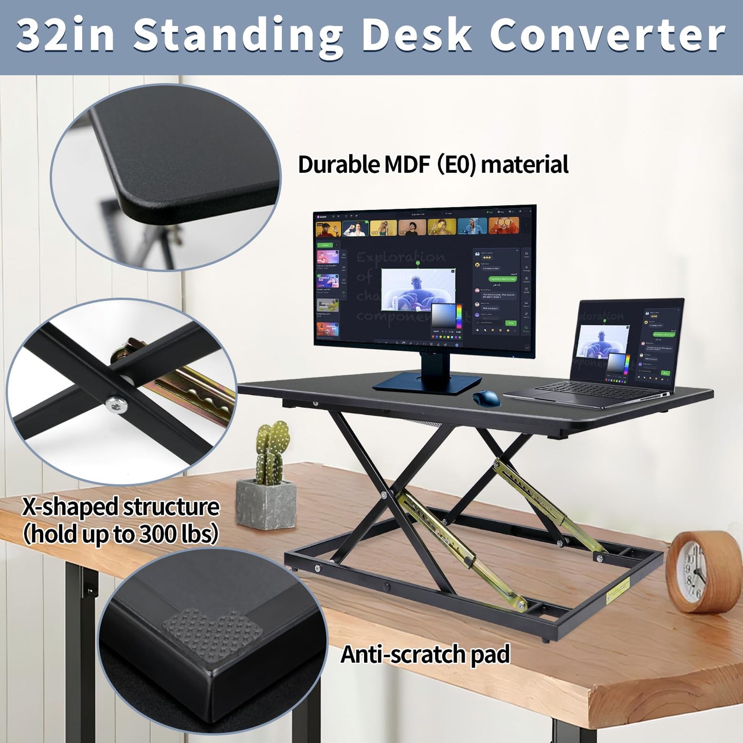 STANDNEE 32in Desk Riser for Standing or Sitting, Large Standing Desk Converter, Height Adjustable Sit Stand Desk Converter, Fully Assembled Monitor Laptop Riser Workstation for Home Office, Black