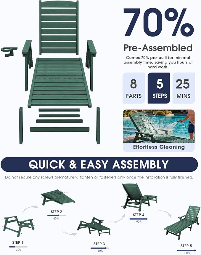 KINGYES HDPE Lounge Chair Outdoor Set of 2, Patio Chaise Lounge Recliner