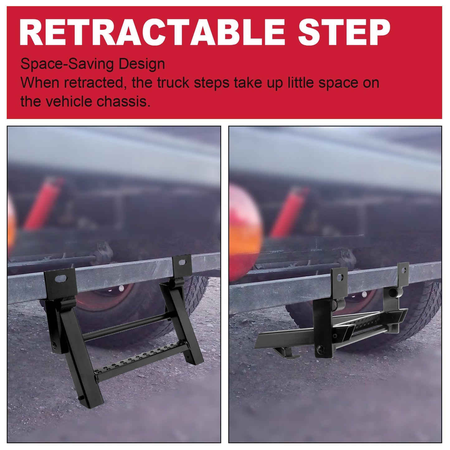 1-Rung Retractable Truck Steps Trailer Pickup Bed Stepper Non-Slip Tread L-Shaped Bracket Black Flatbed Truck Hitch Ladder Universal