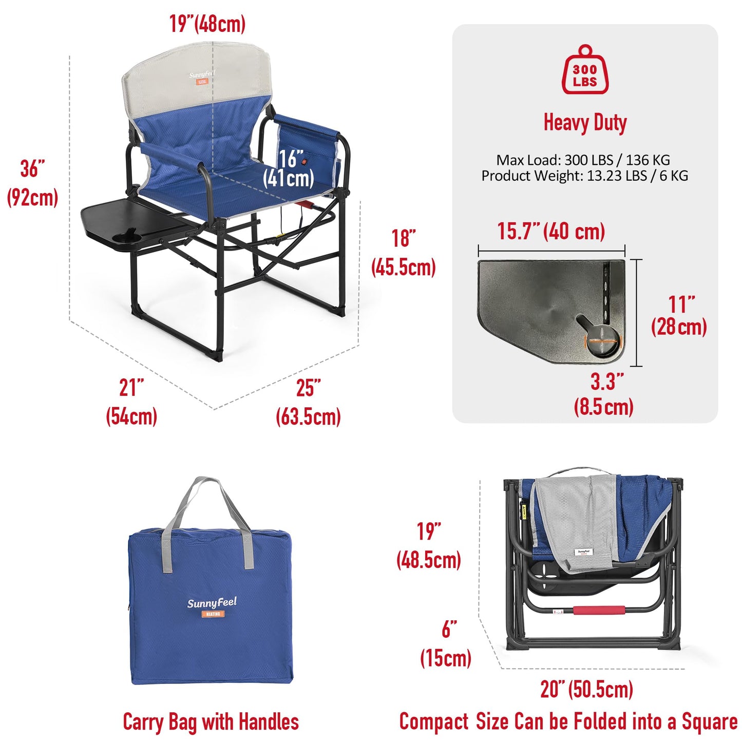 SUNNYFEEL Heated Camping Directors Chair, Heavy Duty,Oversized Outdoor Portable Heating Folding Chair with Side Table, Pocket for Beach, Fishing,Trip,Picnic,Lawn,Concert Foldable Camp Chairs