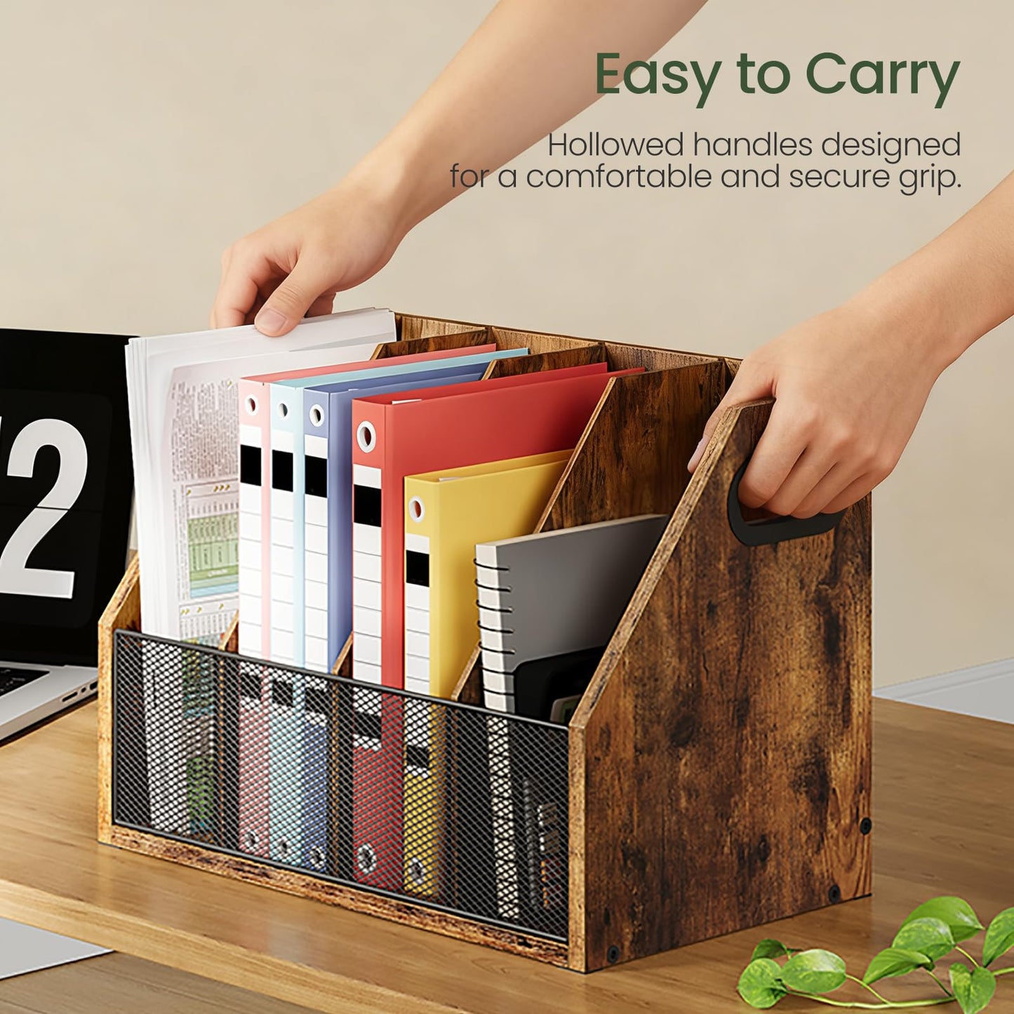 CHOEZON Wooden Desk Organizer and Wooden Desktop File Organizer Bundle, Desktop File Holder for Home Office, Easy Assembly, Rustic Brown, MWJ04FG-MWJ06FG
