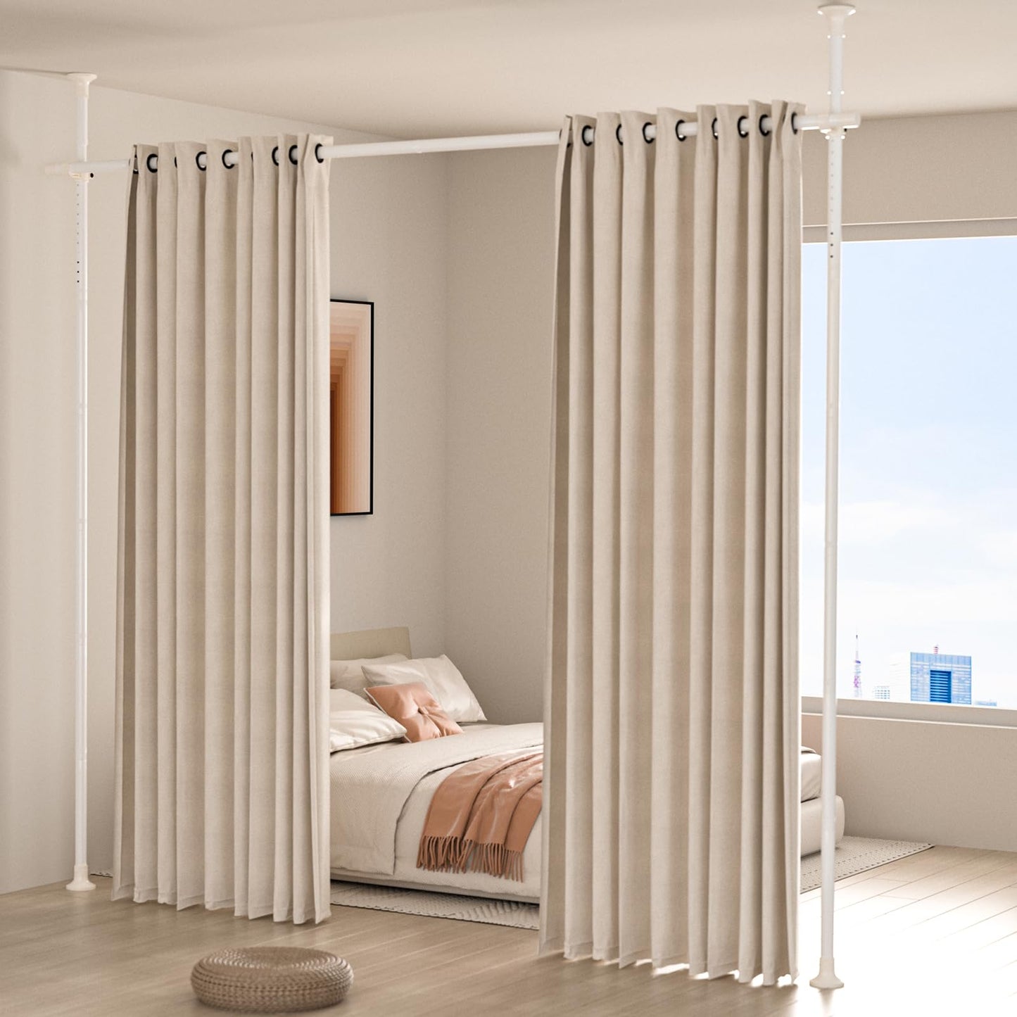 Room Divider Curtain Rod, Heavy Duty Floor to Ceiling Tension Rod – No Drill Partition Room Dividers, 4-10 ft Height & 48-72 in Width, Metal Rod for Room Separation in Apartment, Dorm, Studio, White