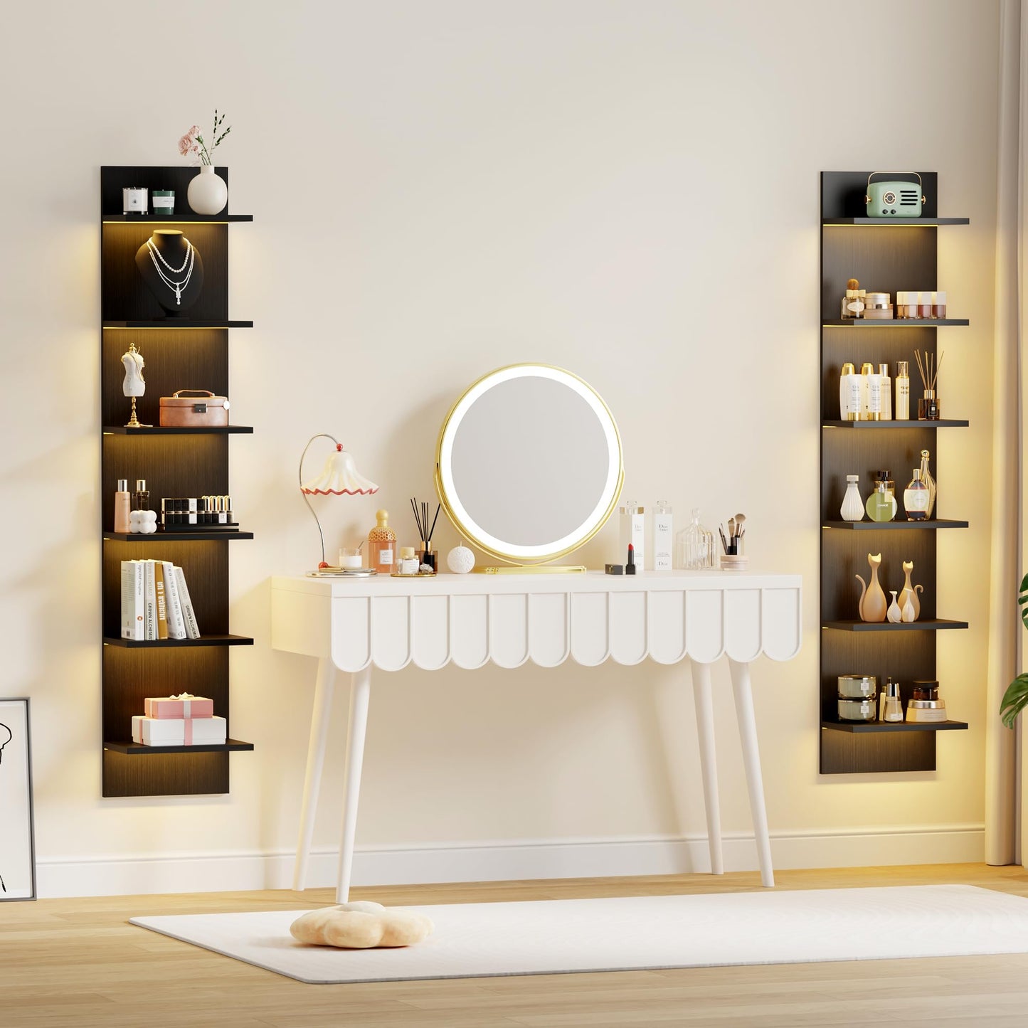 Qupui 6 Tier Wall Shelf Unit with LED Remote Control Light, 57 Inch Floating Storage Home Decor Organizer Shelving for Bedroom Living Room, Black