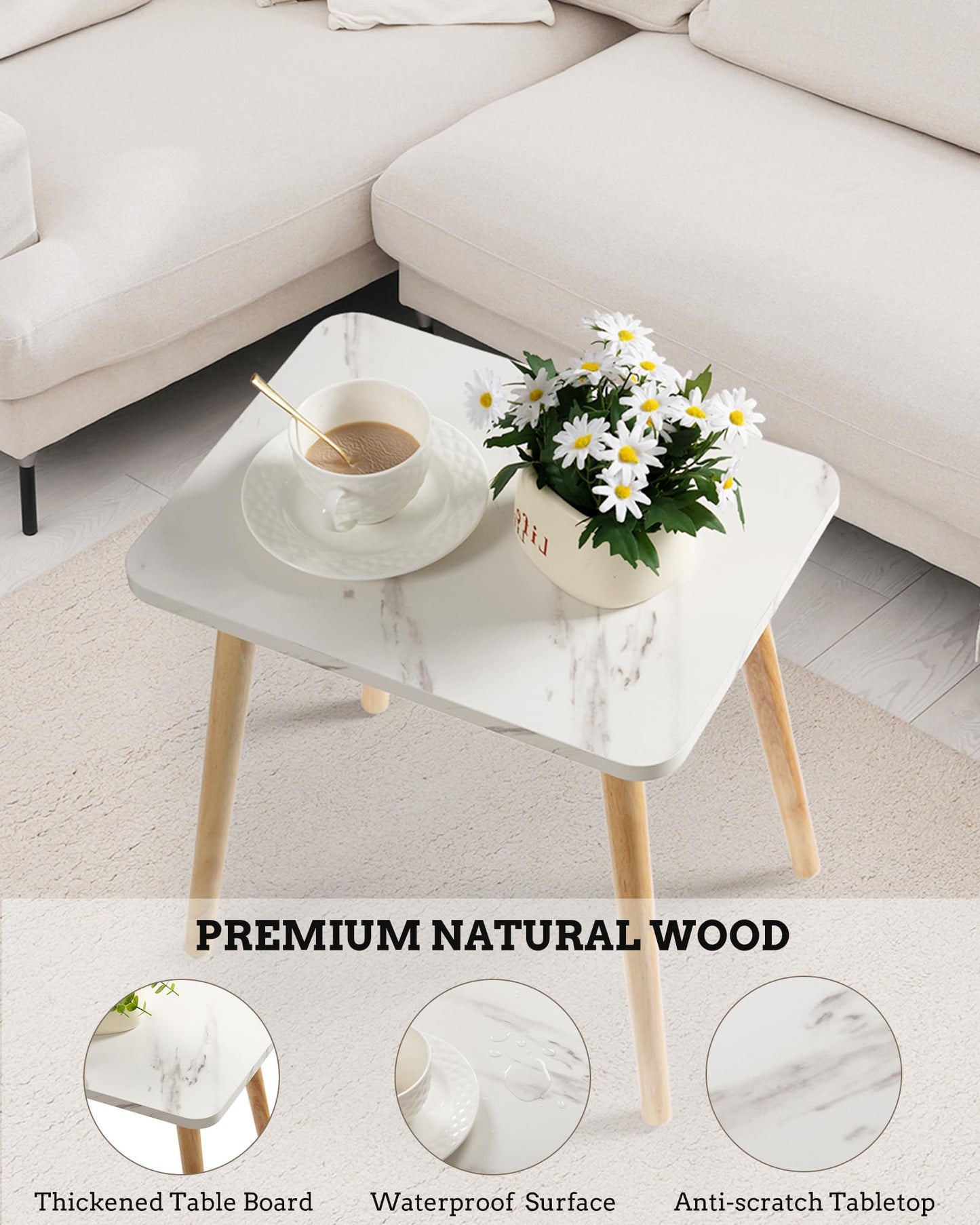 FORAOFUR Small End Table, Side Table Accent Table Living Room Bedroom Balcony Office, Modern Bedside Table Home Decor, Mini Table for Small Spaces, Short Coffee Table, Easy Assembly, Marble White