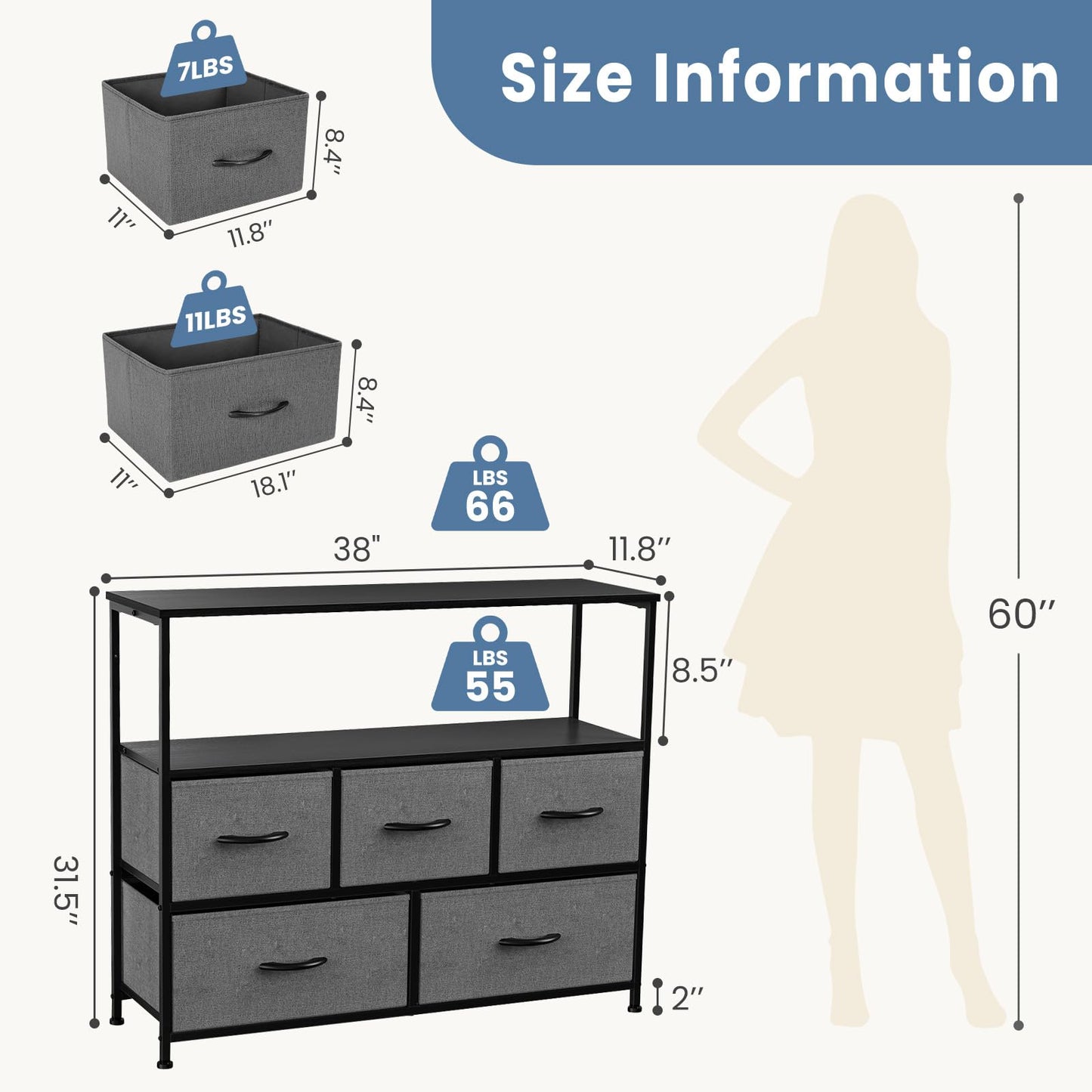 DUMOS TV Stand Dresser with 5 Fabric Storage Drawers, Media Console Featuring Open Shelf for 45 inch TV, Compact Entertainment Unit for Bedroom, Living Space, or Dorm Organization, Grey