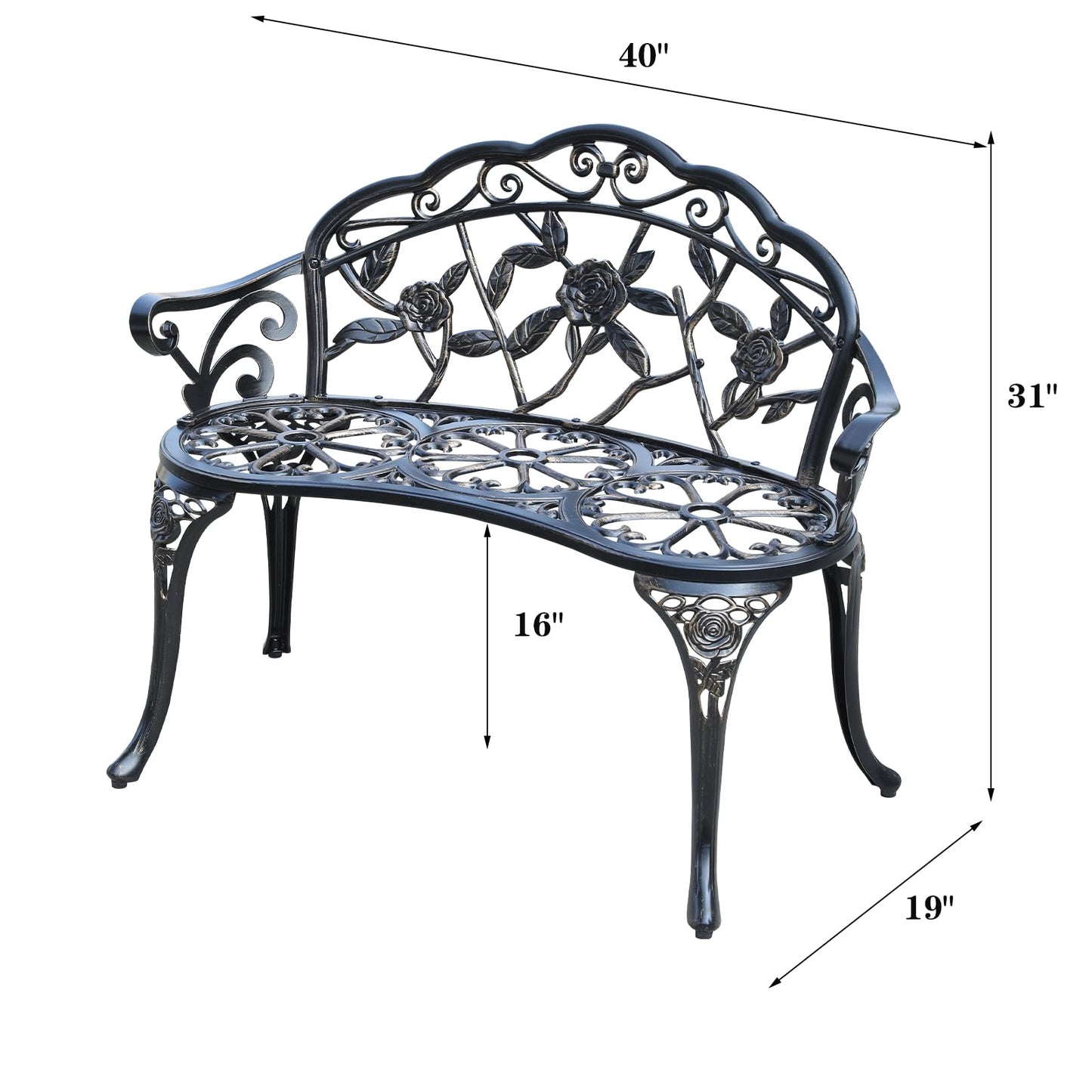 WILOUNGE Cast Aluminium Outdoor Bench, Rose Garden Bench for Patio,Park,Lawn,Yard (Bronze)