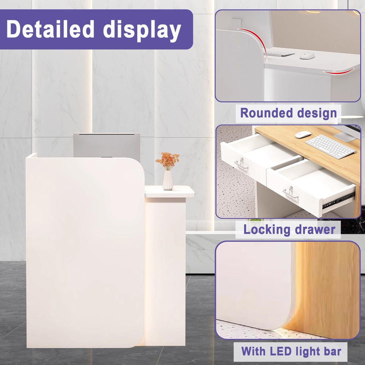 BFECGDXT Modern Reception Desk, Front Desk Reception Counter L-Shaped with Lockable Drawer, for Salon and Clothing Beauty, Right Corner 39.4in