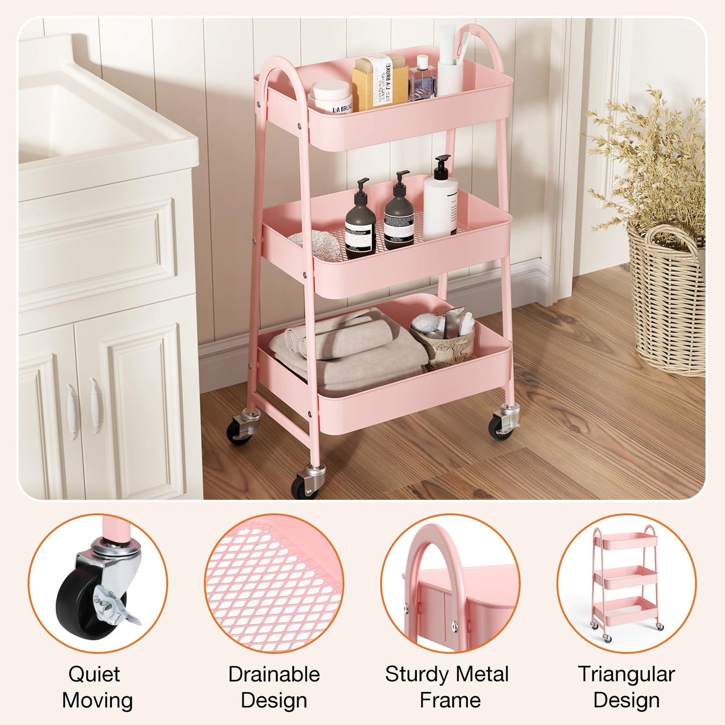 NEWBULIG 3-Tier Metal Rolling Cart with Lockable Wheels, Heavy Duty Mobile Utility Storage Shelf, Roller Book Snack Cart, Organization for Livingroom, Bathroom, Office, Pink