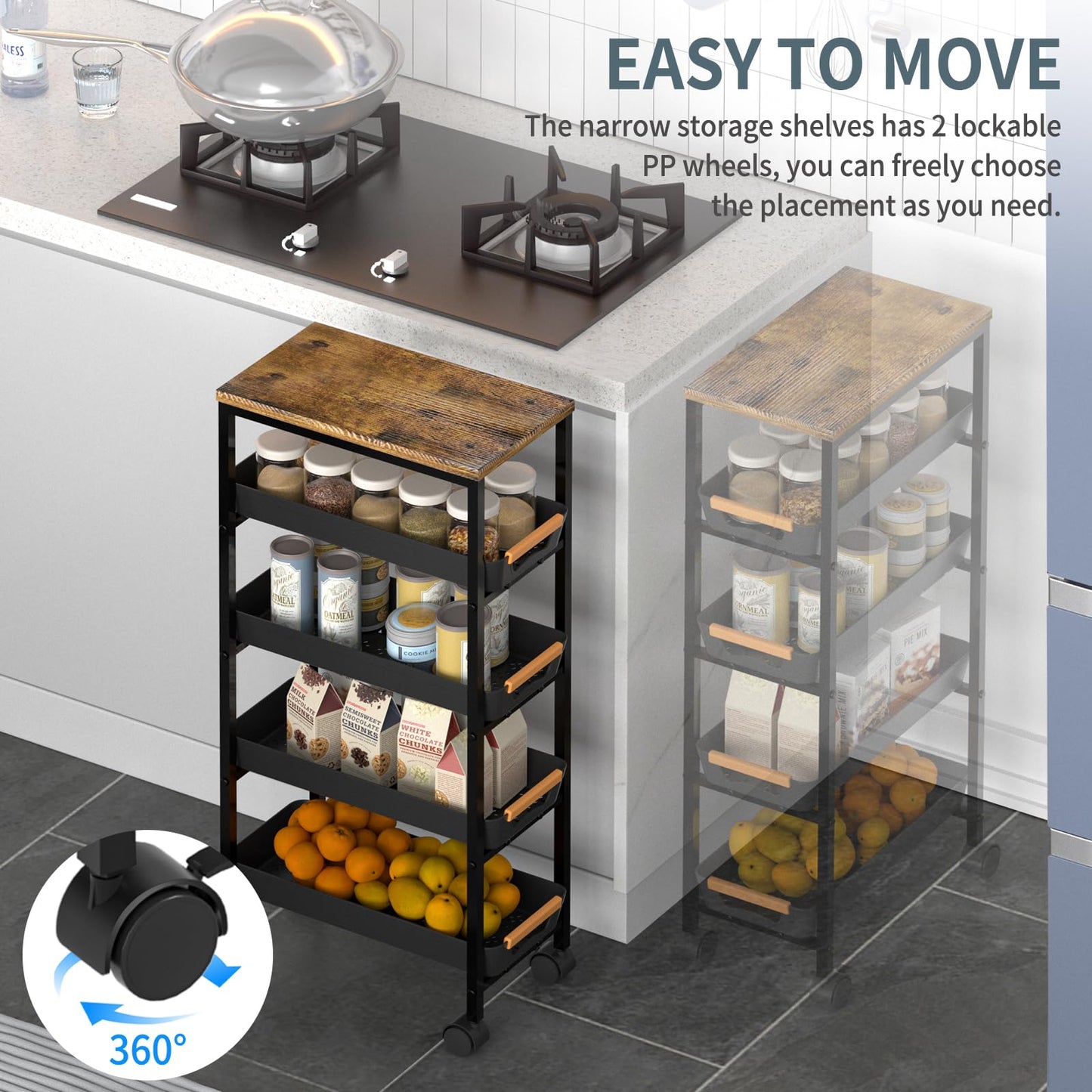 SHAJOPH 5 Tier Slim Rolling Utility Cart with Drawers Pull-Out Design Slim Storage Cart with Metal Frame and Wooden Top for Narrow Space in Home Kitchen Bathroom Black (Width 8.1 Inches)