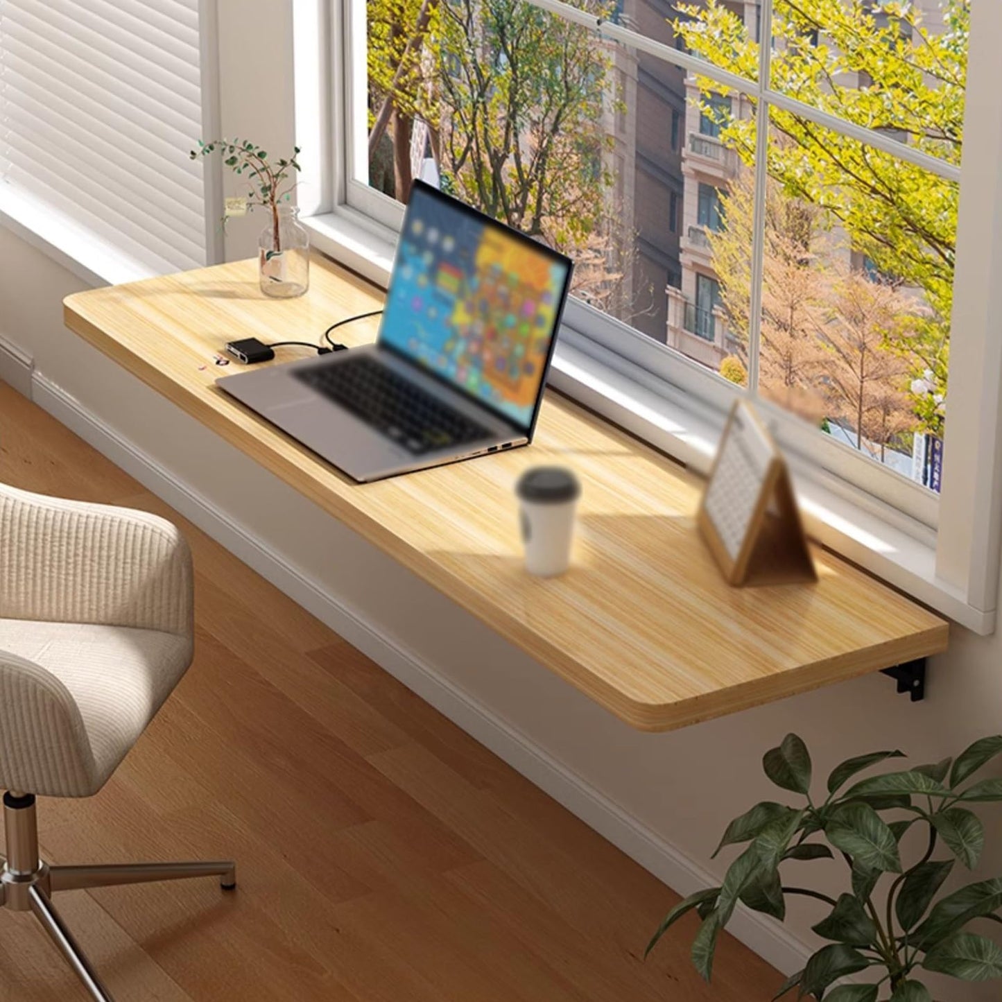 LWJQRSP Wall Mounted Folding Table, Collapsible Floating Desk for Small Spaces, Versatile Workbench for Home, Office, Kitchen, Dining - Raw Wood, 40x24cm