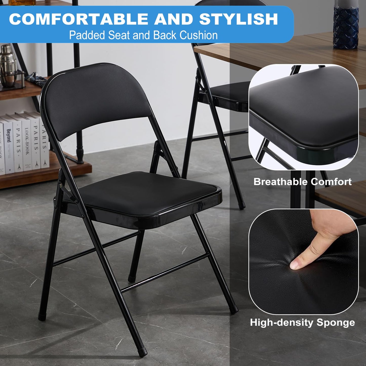 Homnso 6 Pack Black Folding Chairs with Padded Seats and Back, Portable Stackable Commercial Folding Chairs with Steel Frame for Home Office Wedding Party Indoor & Outdoor Events, 330lbs Capacity